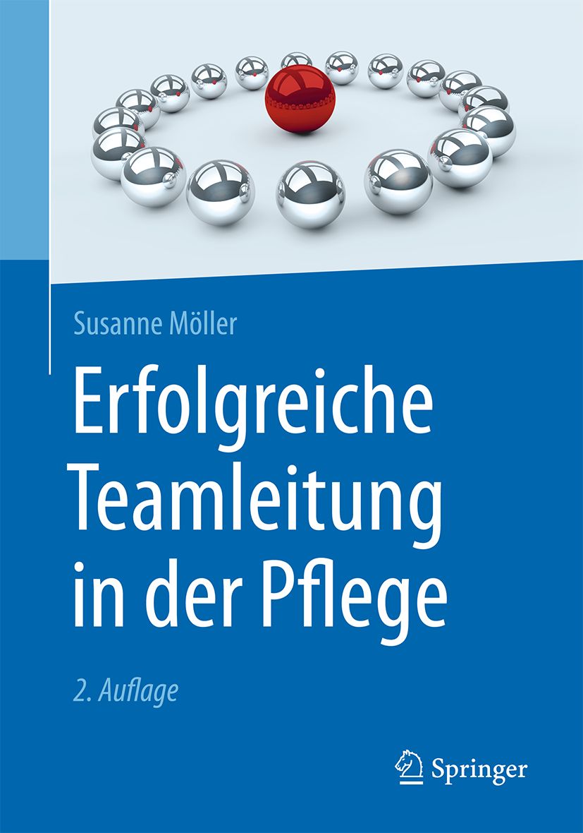 Buchcover: "Erfolgreiche Teamleitung in der Pflege". Titel in Weiß auf blauem Hintergrund. Kugeln bilden Kreis, eine rote Kugel in der Mitte.
