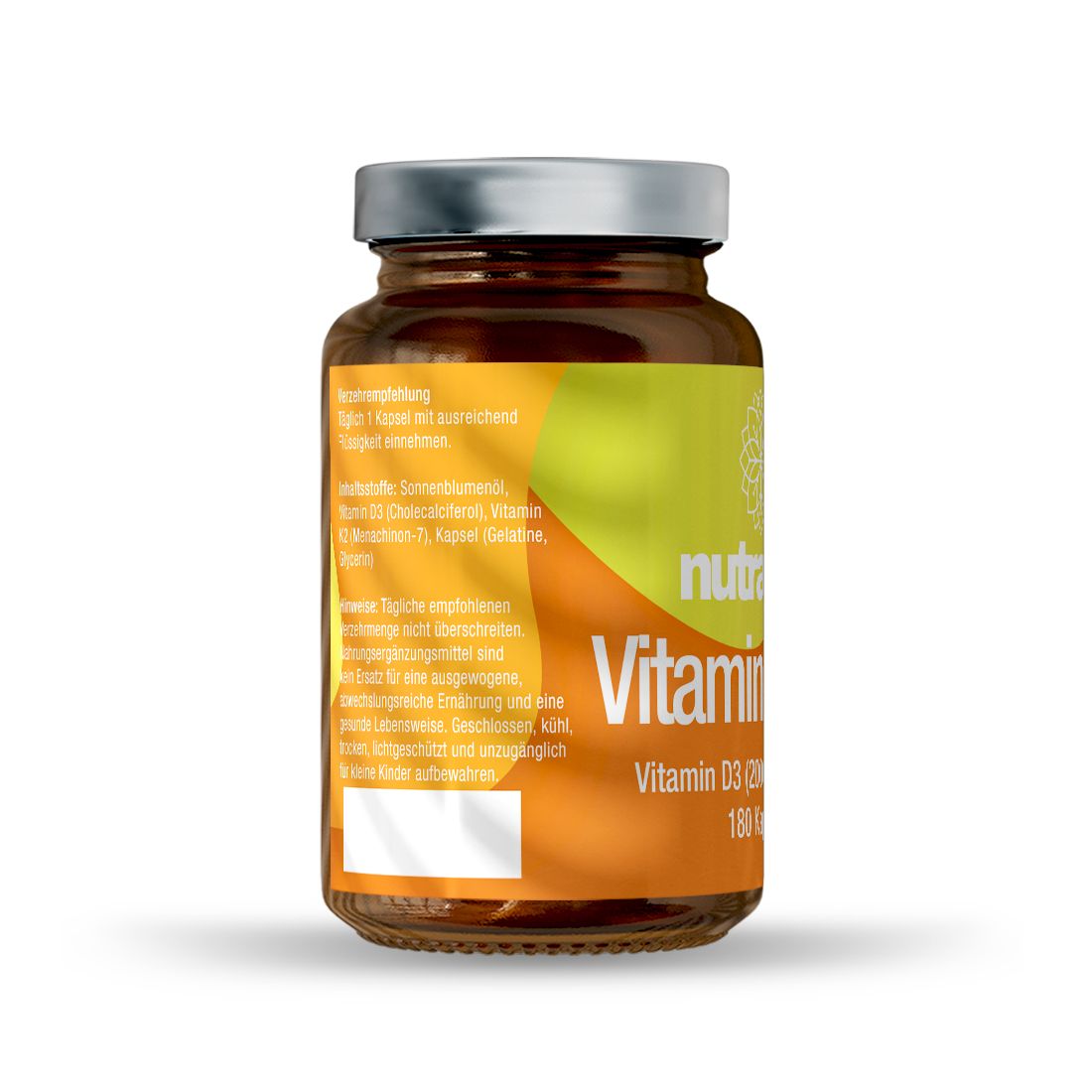 Braune Glasflasche mit silbernem Deckel. Etikett mit Produktinformationen. Enthält Vitamin D3 und K2. 180 Kapseln.