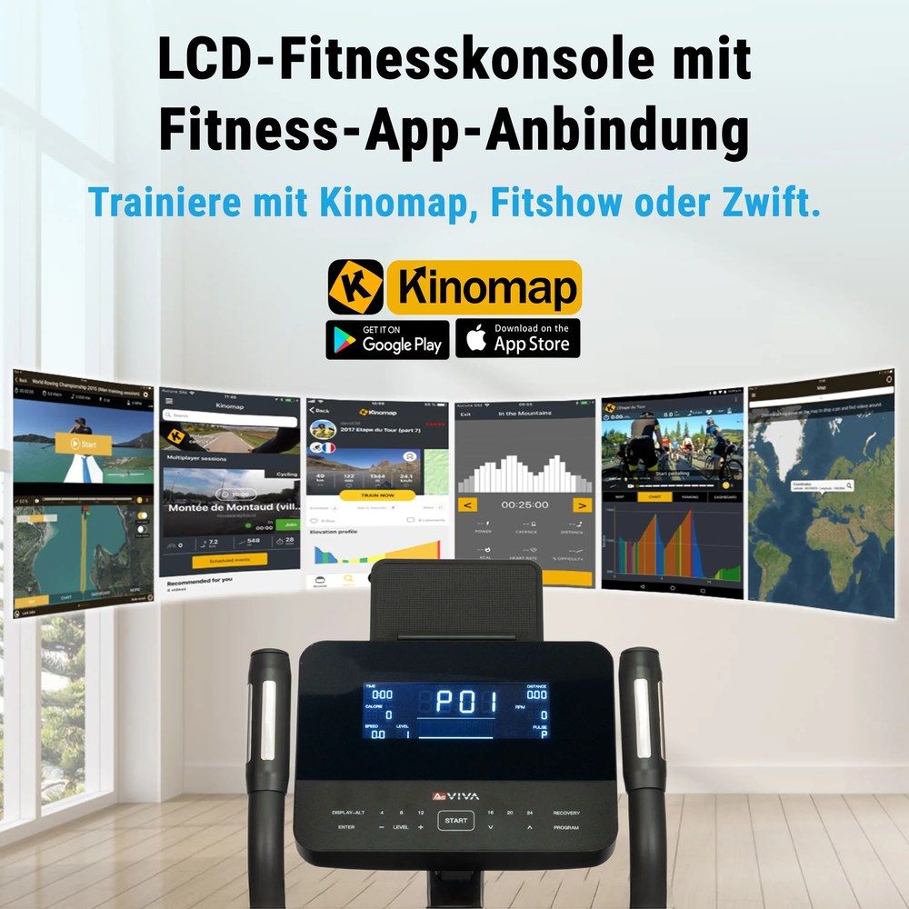 Display eines Crosstrainers mit Fitness-App-Anbindung und Screenshots.