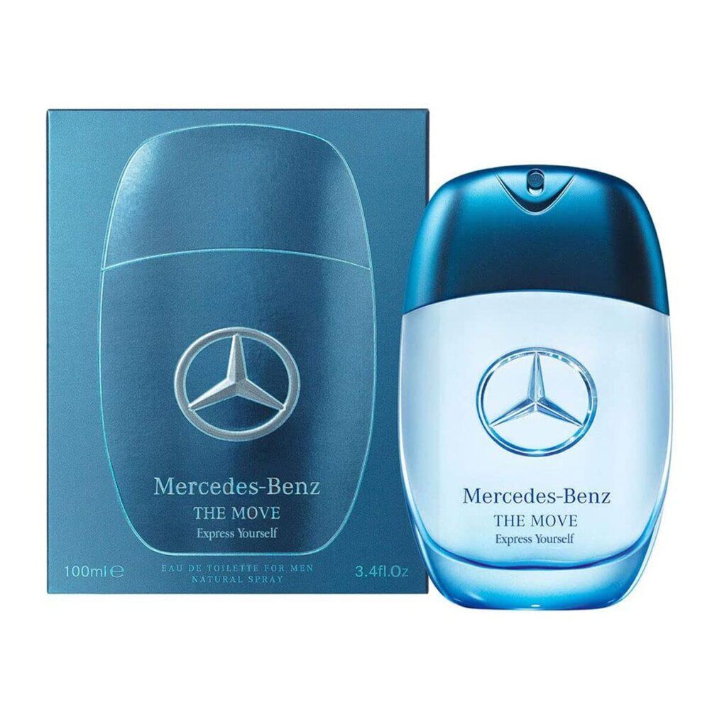Flakon und Verpackung nebeneinander. Flakon: blau-transparent, ovales Design, Mercedes-Benz-Logo. Verpackung: blau, Mercedes-Benz THE MOVE, 100 ml.