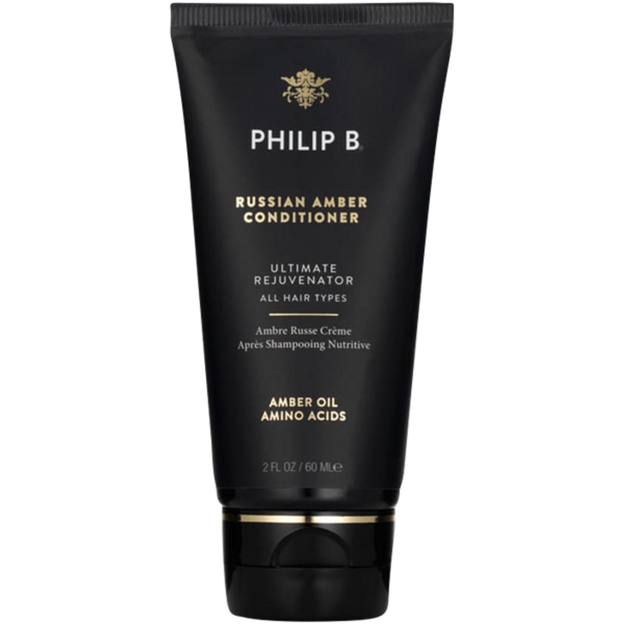 Tube Philip B Russian Amber Conditioner. Schwarzer Tube, goldene Schrift und Akzente.