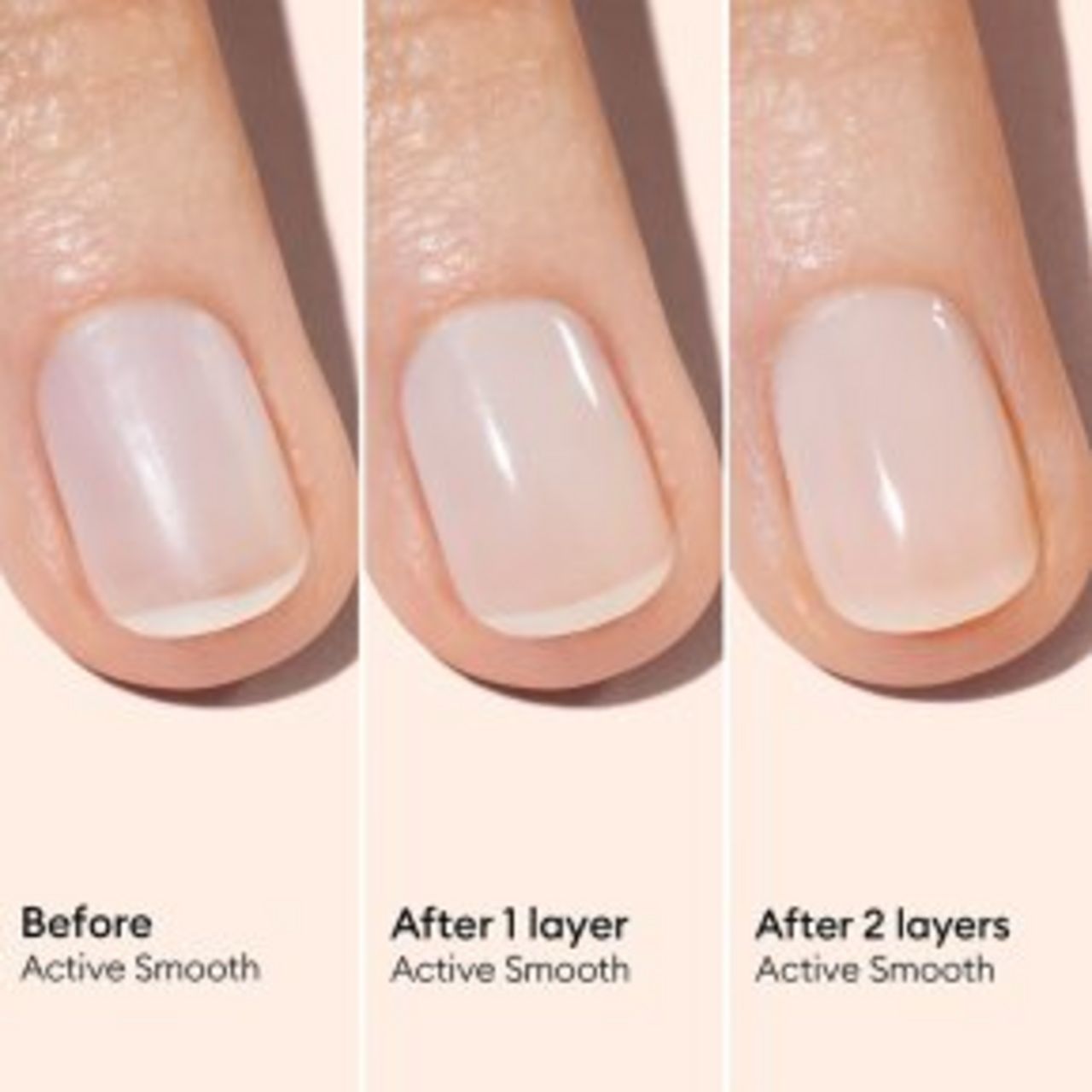 Drei Finger mit lackierten Nägeln. Beschriftung: Before, After 1 layer, After 2 layers, Active Smooth.