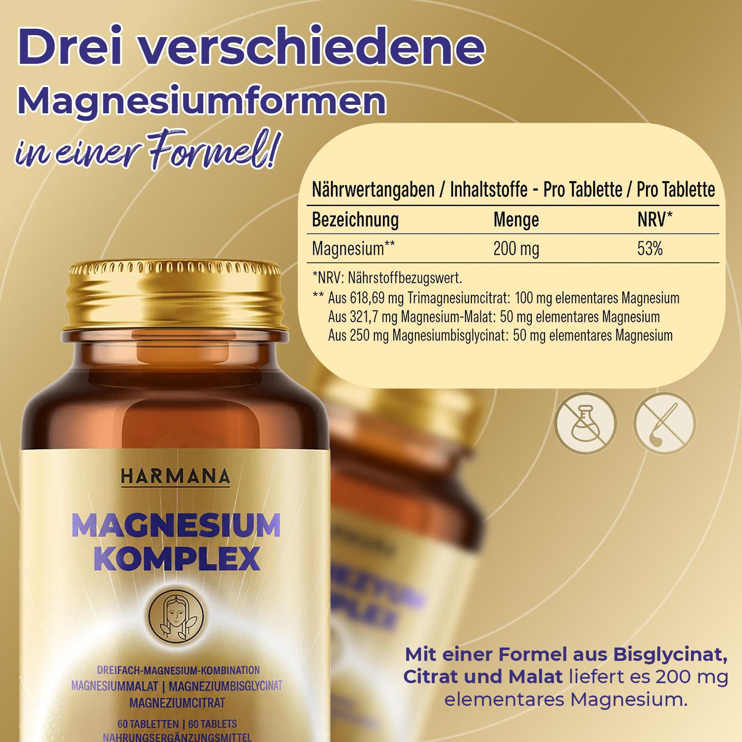 Harmana Magnesium Komplex Flasche mit 60 Tabletten und drei Tabletten daneben.