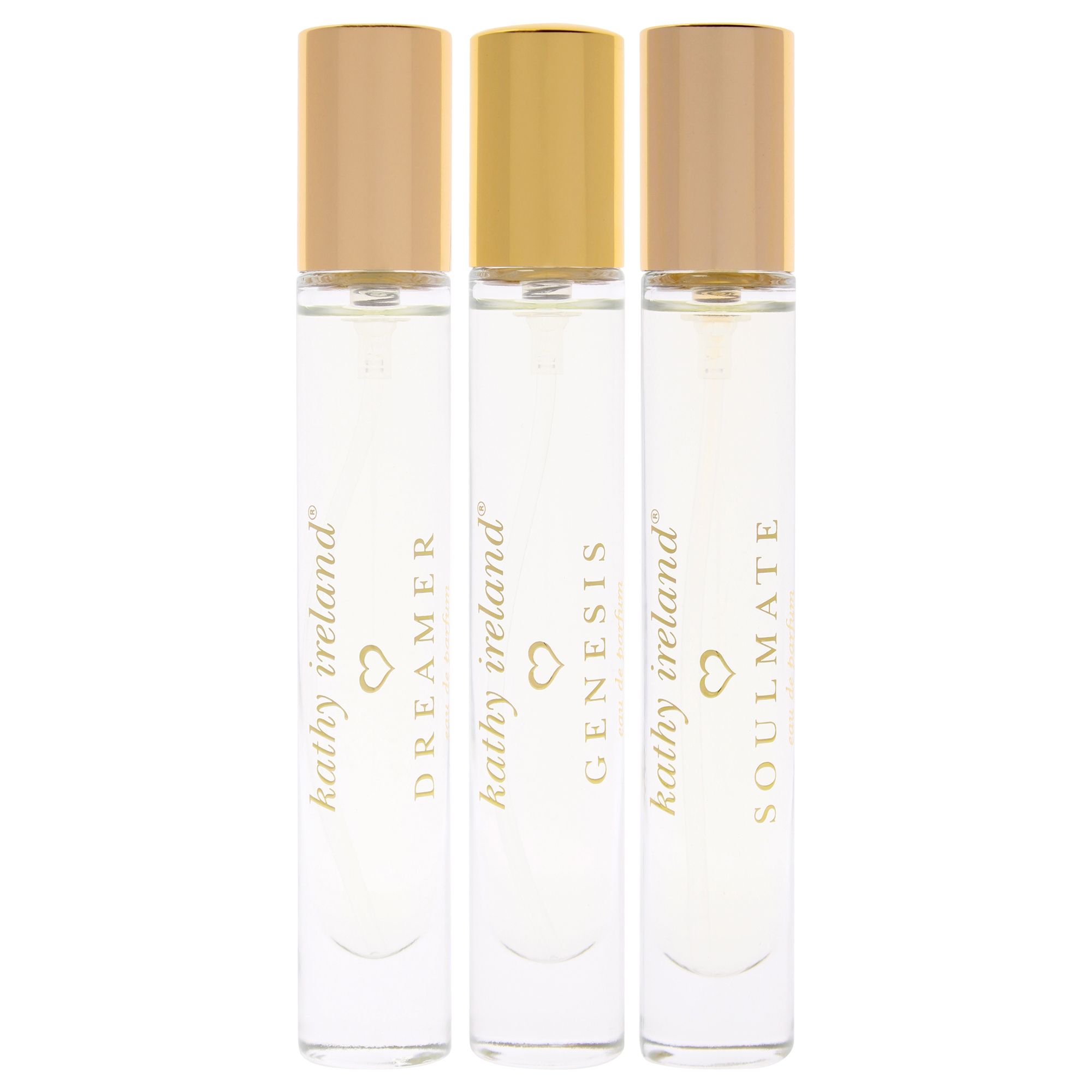 Drei Kathy Ireland Roll-On-Parfümflaschen: Dreamer, Genesis, Soulmate. Klare Flaschen mit goldenen Kappen.