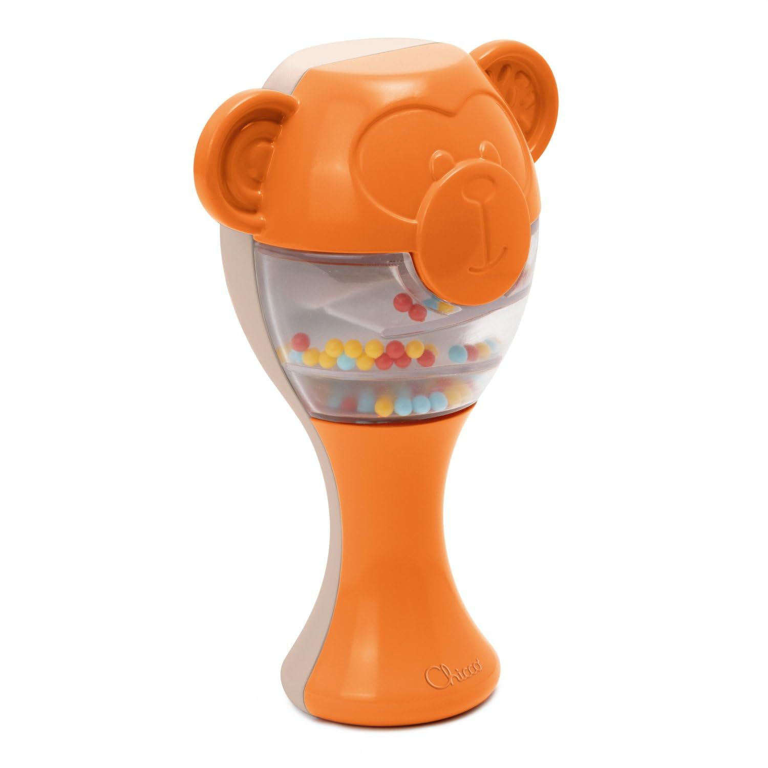 Orange und beige Affen-Rassel mit transparentem Mittelteil und bunten Kugeln. Chicco Logo unten.