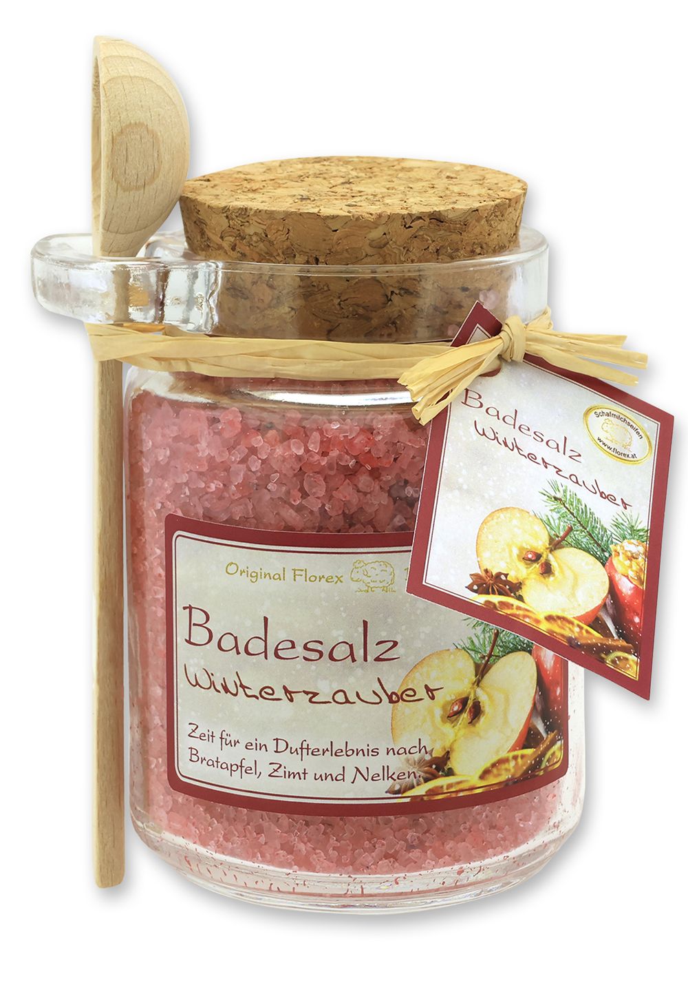 Glas mit Badesalz, Korken, Holzlöffel und Anhänger. Aufschrift: Badesalz Winterzauber. Dekorative Verpackung.