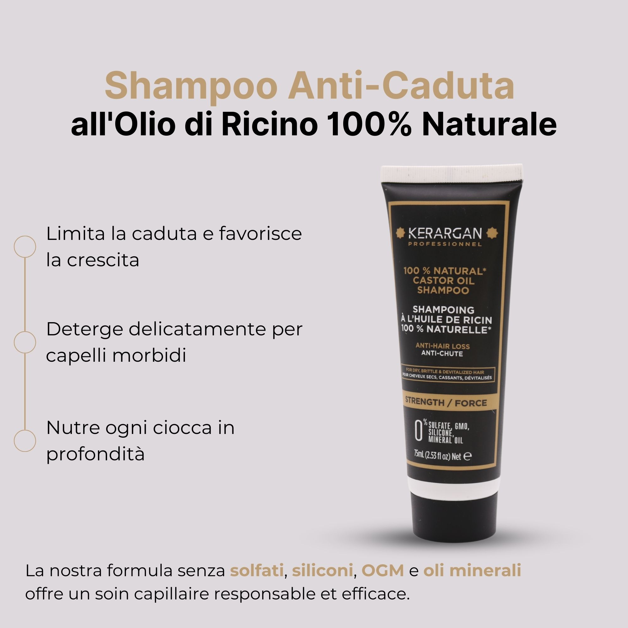 Tubo di shampoo Kerargan. Testo: Shampoo anticaduta con olio di ricino 100% naturale. Prodotto accanto.