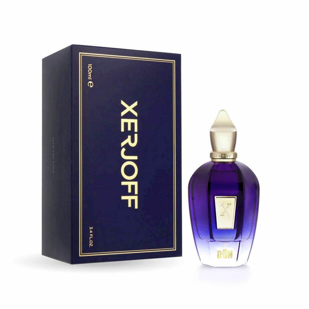 Dunkelblaue Box mit goldfarbenem 'XERJOFF' Schriftzug. Blaue Flasche mit goldfarbenem Verschluss.