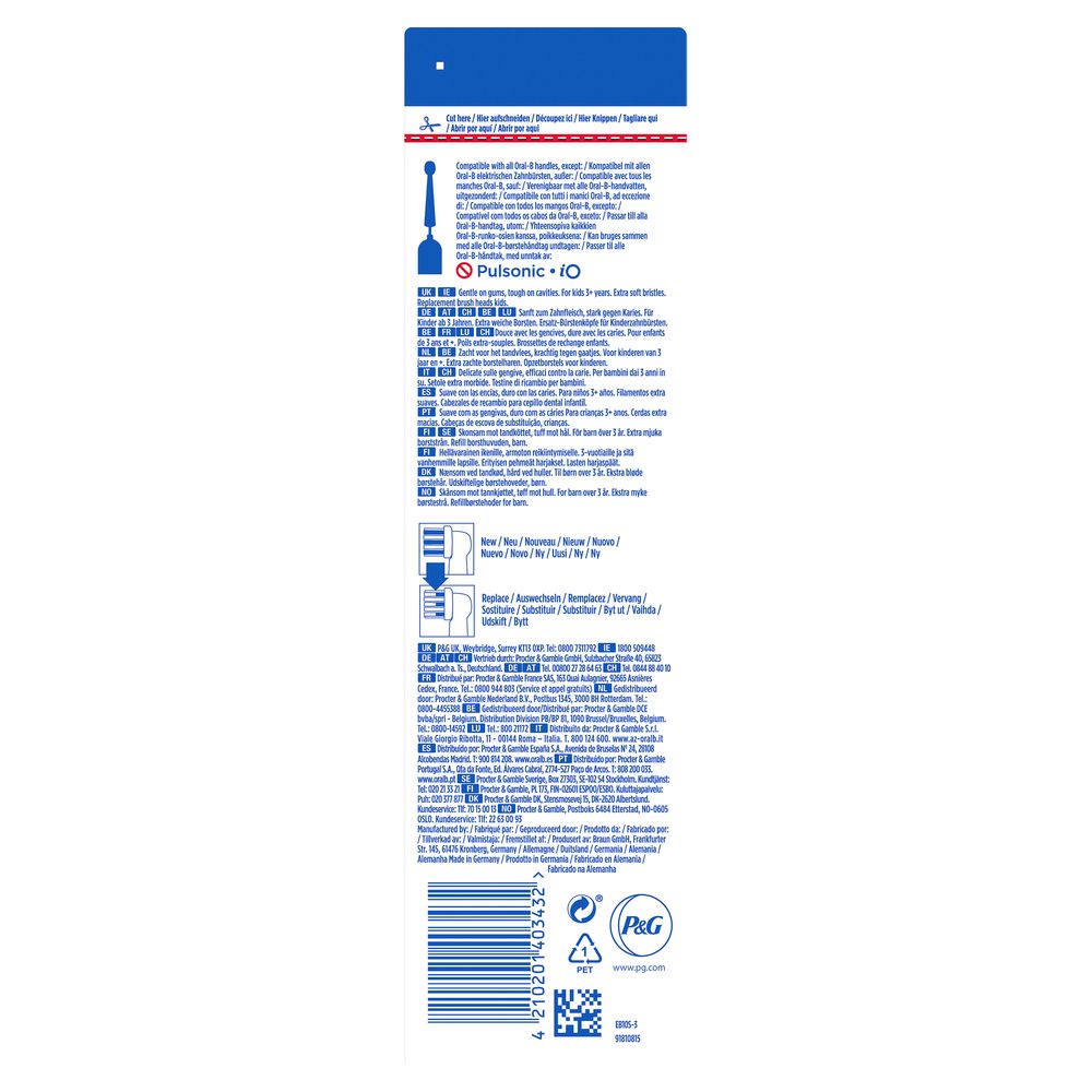 Rückseite der Oral-B Verpackung. Produktinformationen, Anweisungen und Logos. Enthält Informationen zur Verwendung und Hersteller.