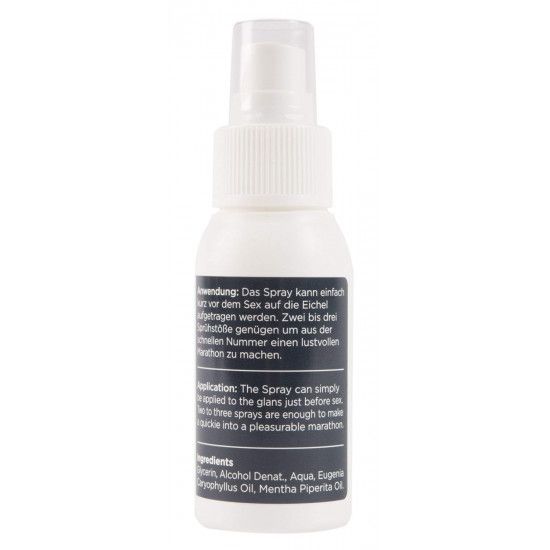 Weiße Sprühflasche mit schwarzem Etikett. Text: Anwendung, Inhaltsstoffe. Sprühkopf oben.