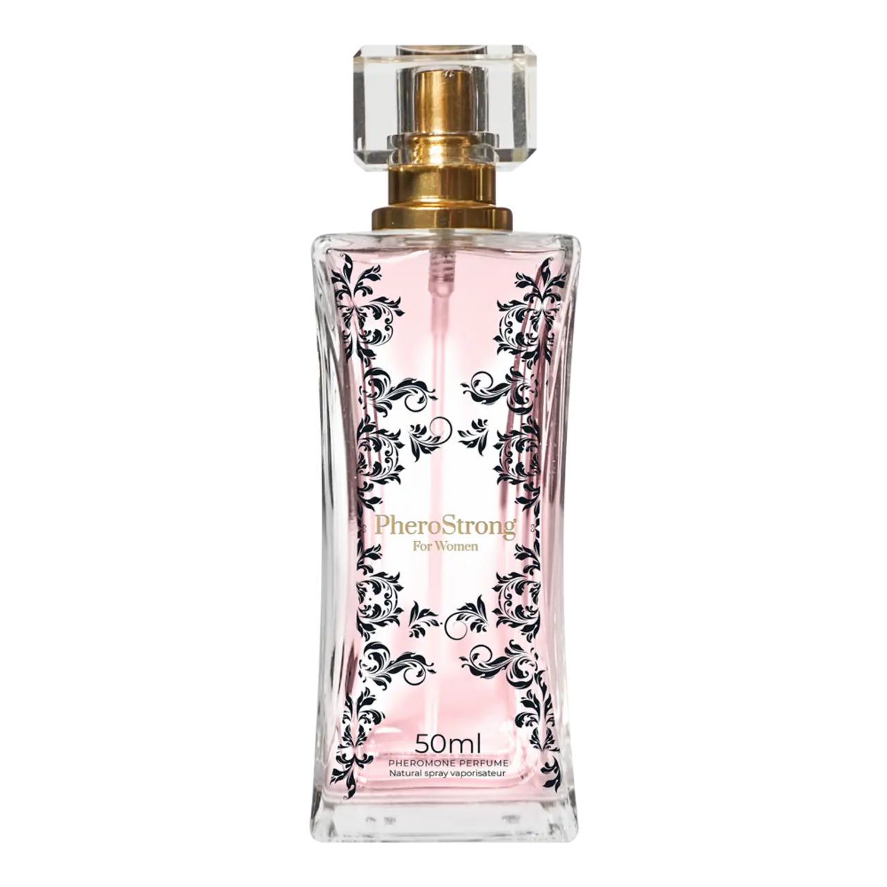 Parfümflakon mit rosa Flüssigkeit, schwarzem Muster und goldfarbenem Verschluss. Produktname und Volumenangabe auf dem Flakon.