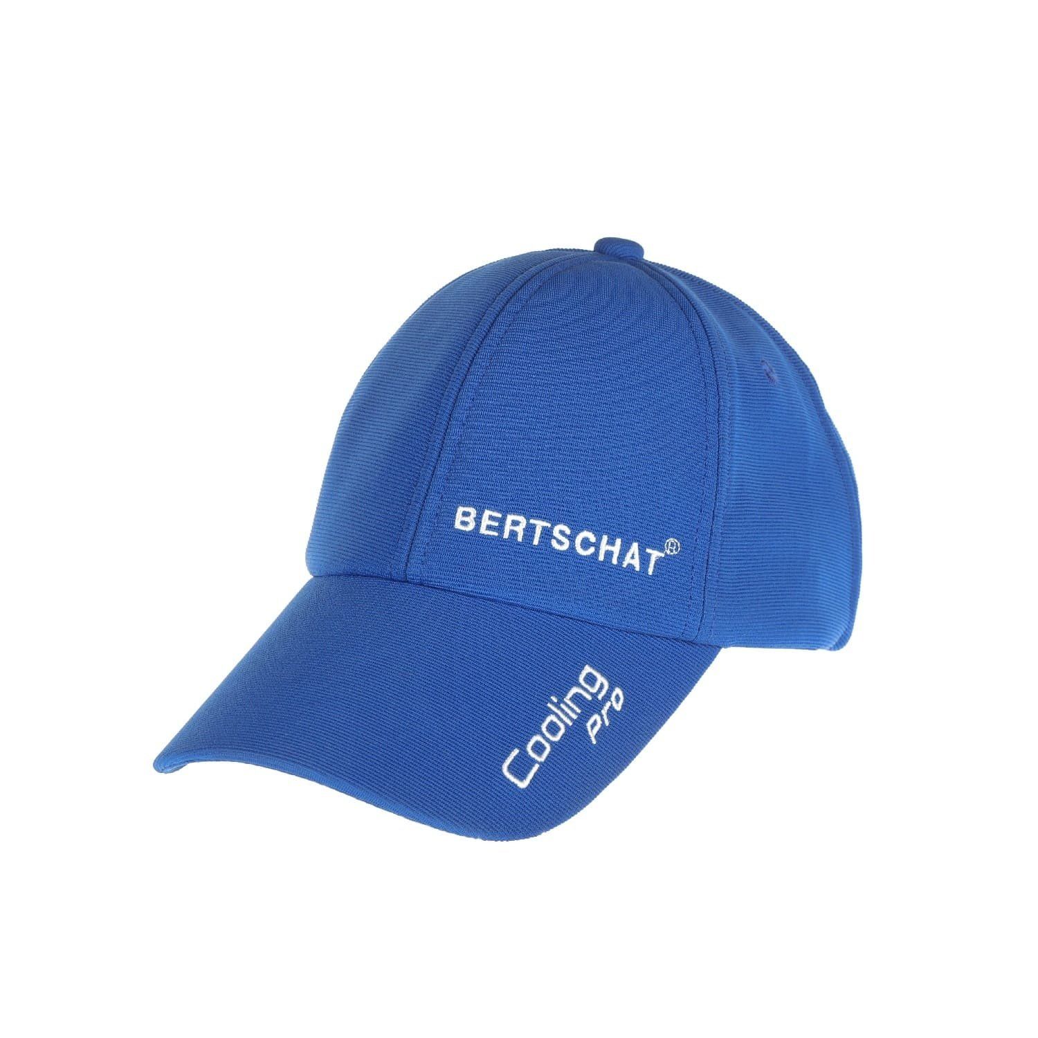 Blaue Kappe mit gebogenem Schirm. Auf der Vorderseite steht in Weiß "BERTSCHAT" und "Cooling Pro".