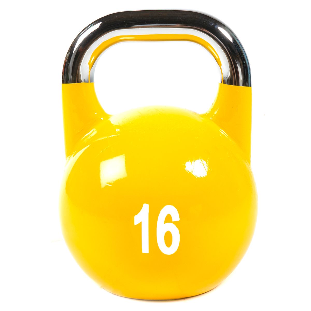 Gelbe Kettlebell aus Gusseisen mit silbernem Griff und weißer '16'. Fitnessgerät für Krafttraining.