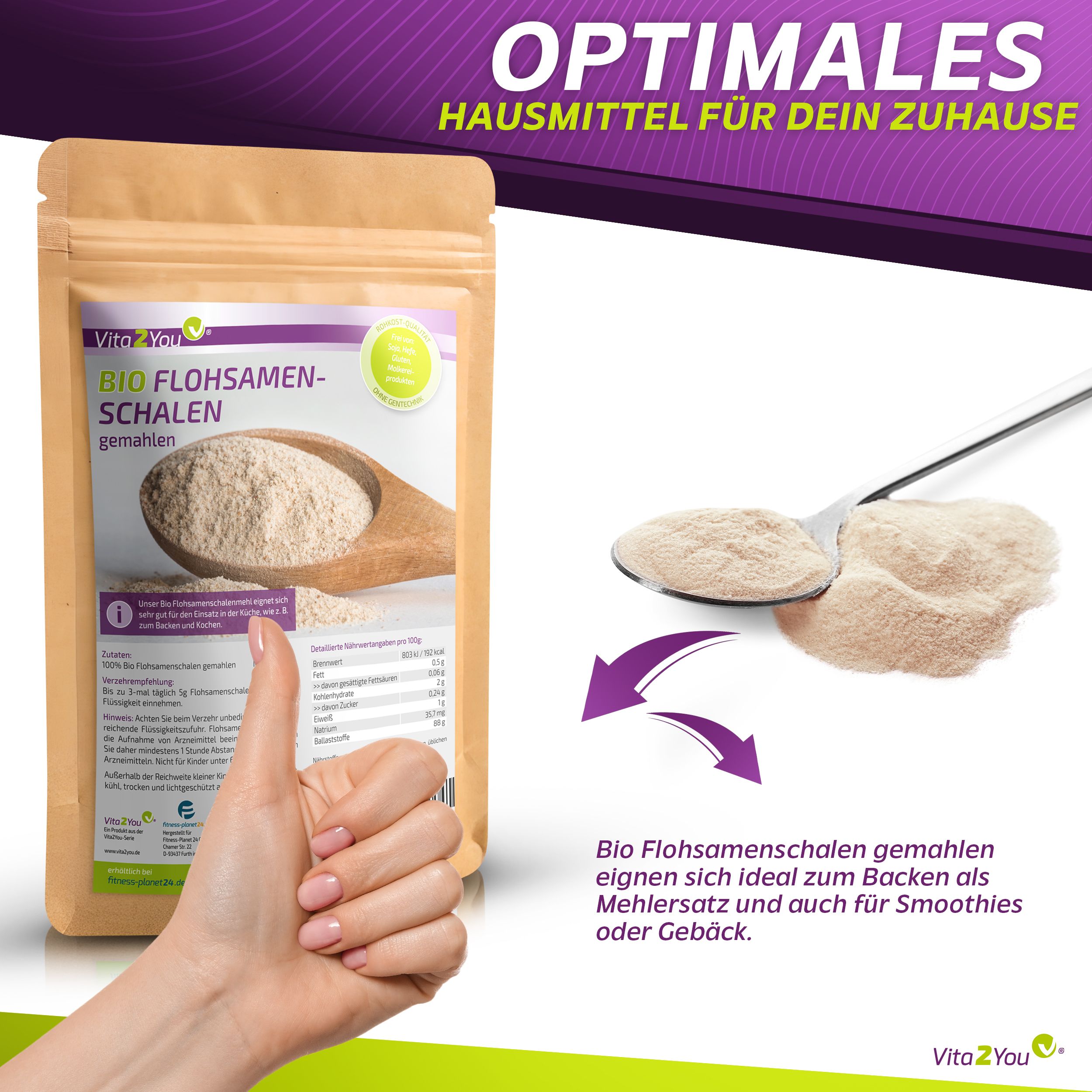 Vita2You Bio Flohsamenschalen gemahlen in Beutel. Produkt auf Holzlöffel. Daumen hoch. Text: 99% Reinheit, Bio-Qualität.