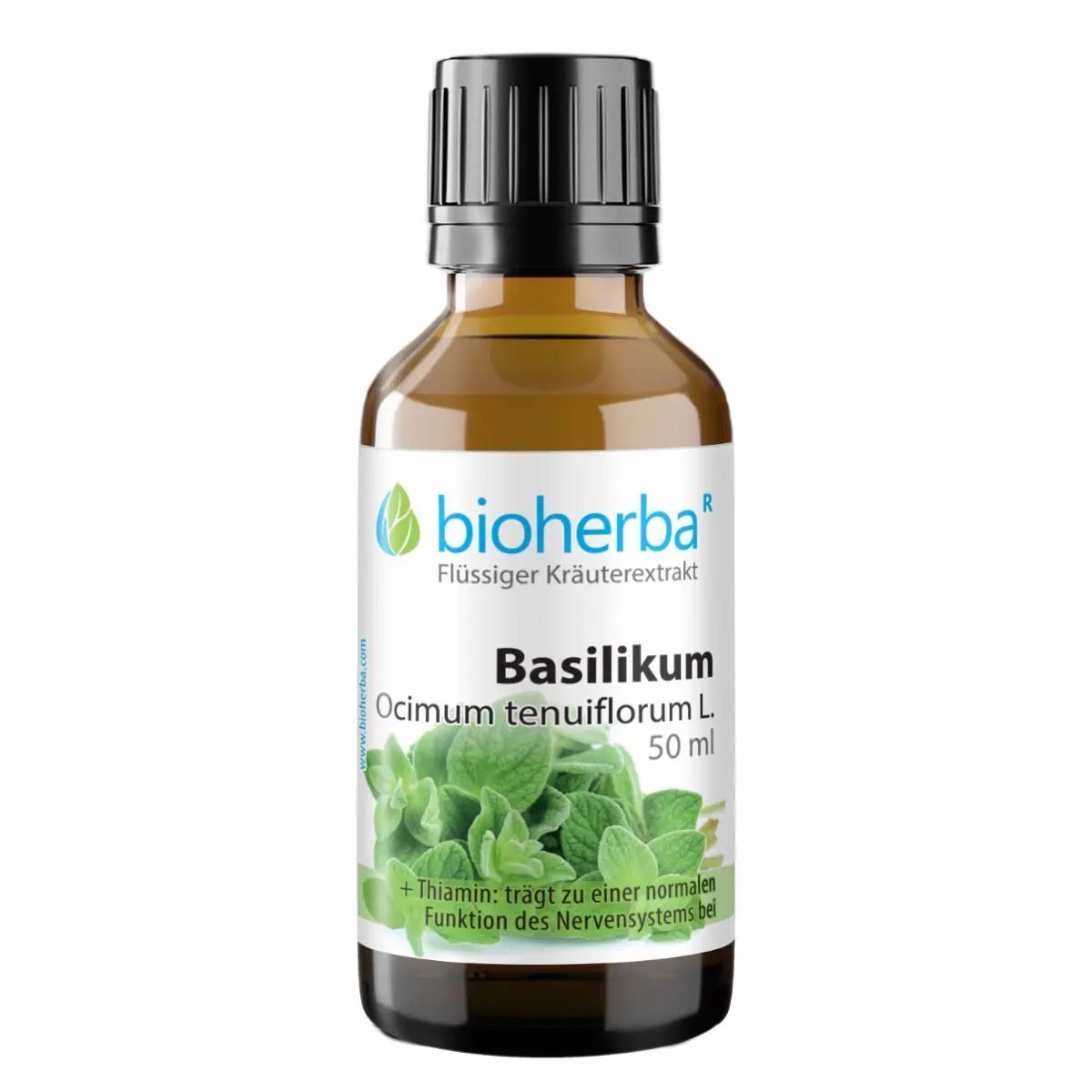 Braune Glasflasche mit schwarzem Deckel. Etikett mit Produktname, Basilikum-Illustration und Markenlogo.