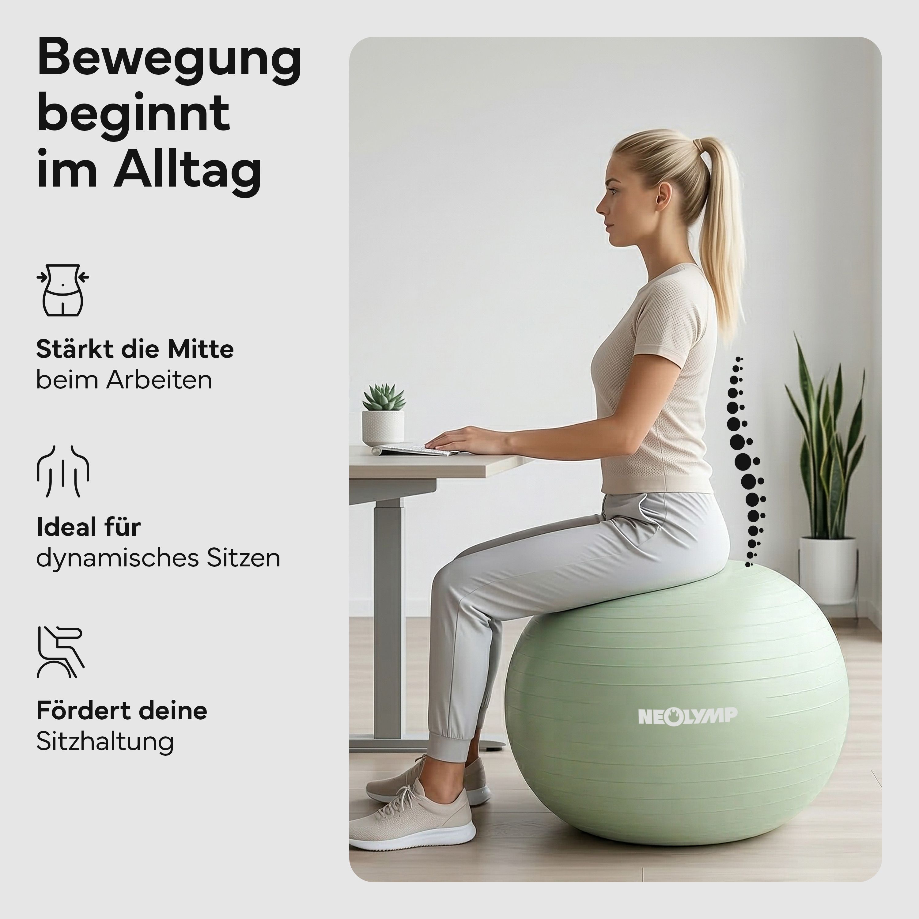 Frau sitzt auf grünem Gymnastikball am Schreibtisch: Stärkt Mitte, ideal für dynamisches Sitzen.