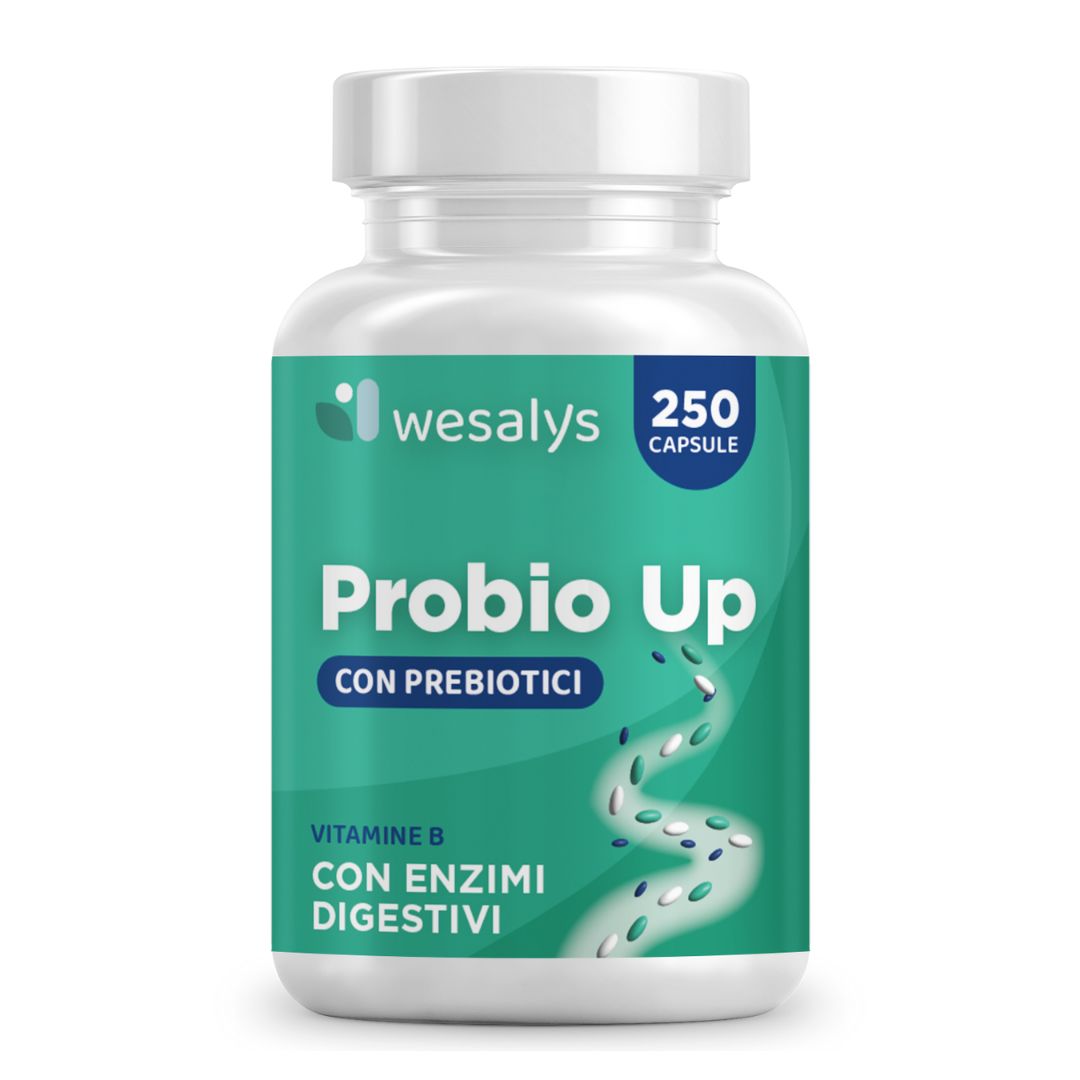 Weißes Fläschchen mit grünem Etikett. Aufschrift: Probio Up, 250 Kapseln. Marke: Wesalys.
