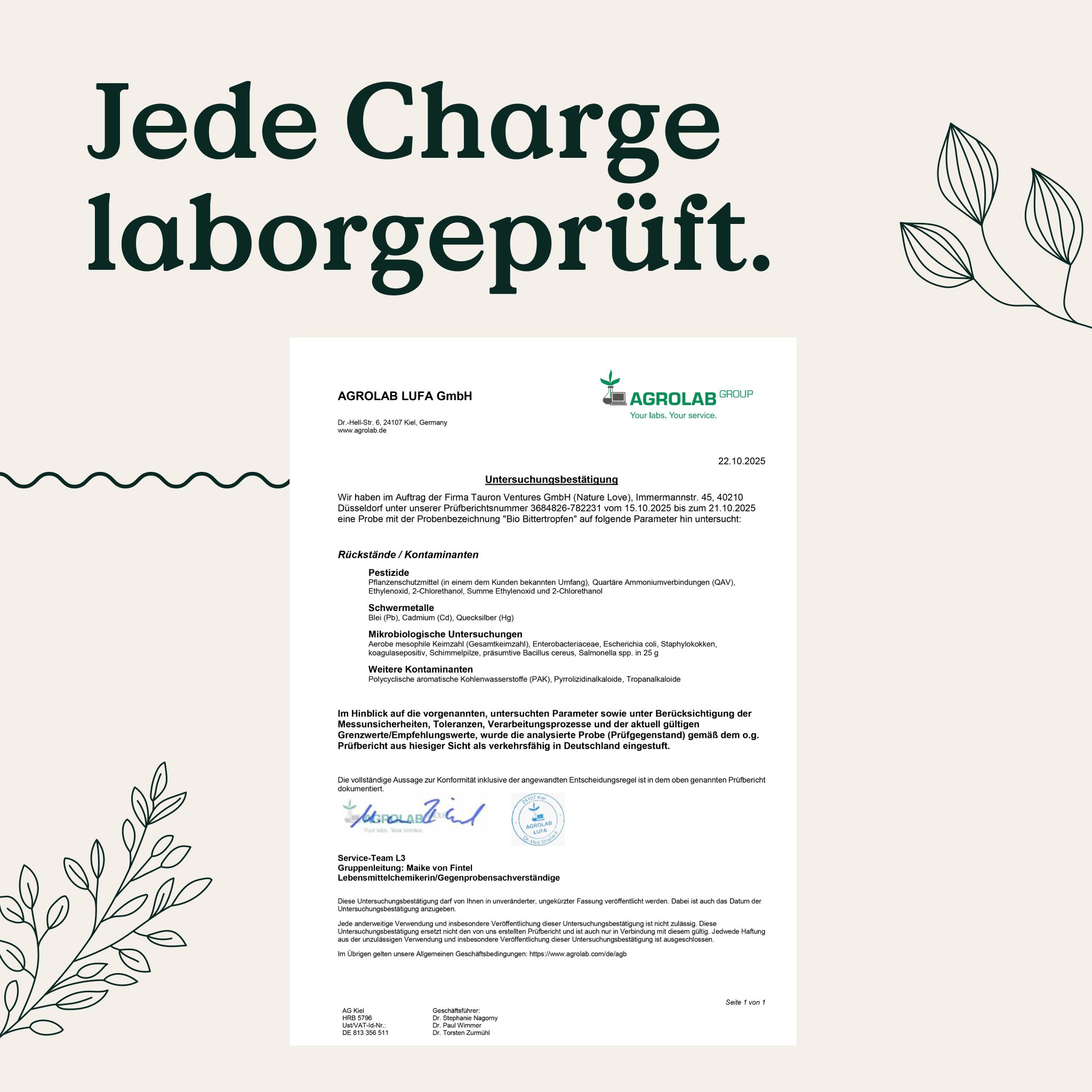 Laborbericht für NATURE LOVE Bio Bittertropfen: Analyse von AGROLAB LUFA GmbH.