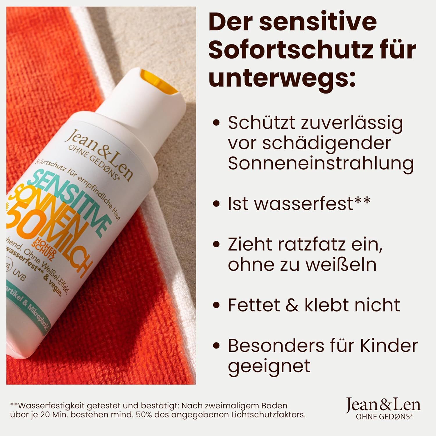 Produktflasche auf rotem Handtuch. Text: Der sensitive Sofortschutz für unterwegs. Wasserfest, zieht schnell ein, nicht fettend.