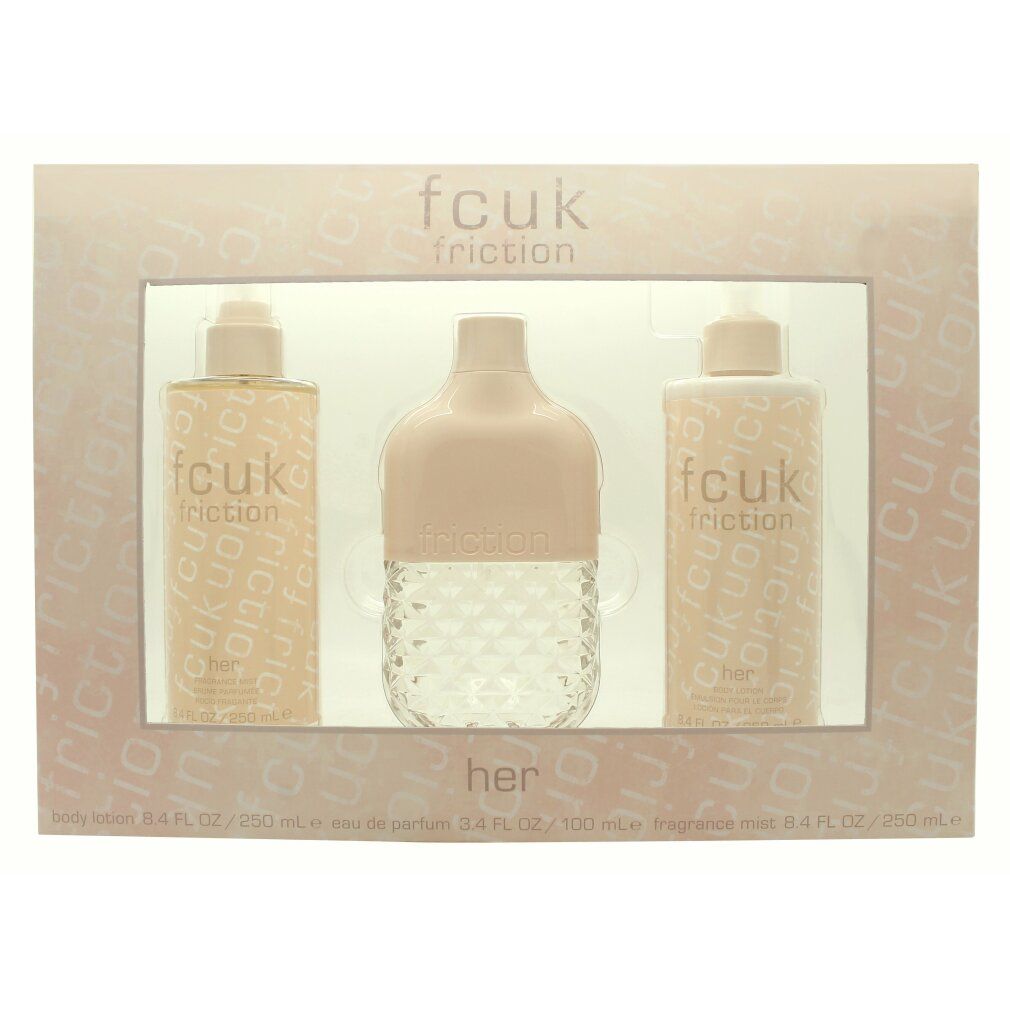 Geschenkset mit drei Produkten. Enthält eine Flasche Eau de Parfum, Bodylotion und Fragrance Mist. Verpackung mit Schriftzug 'fcuk friction'.