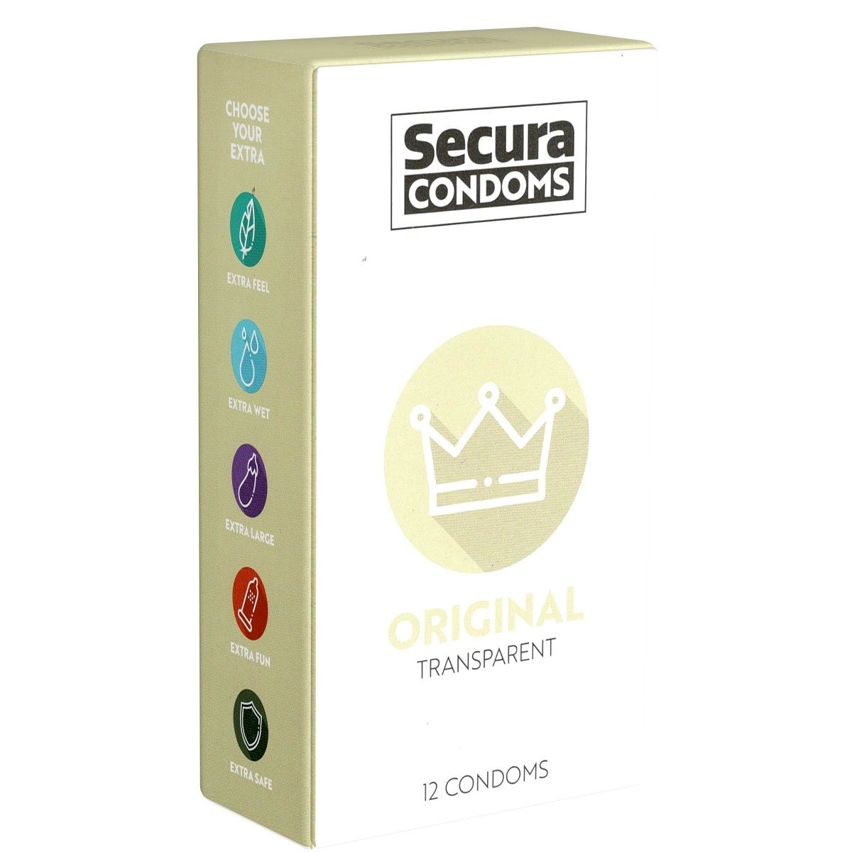 Confezione di Secura Condoms. Testo "Original Transparent" e "12 Condoms". Simbolo corona. Icone di selezione.
