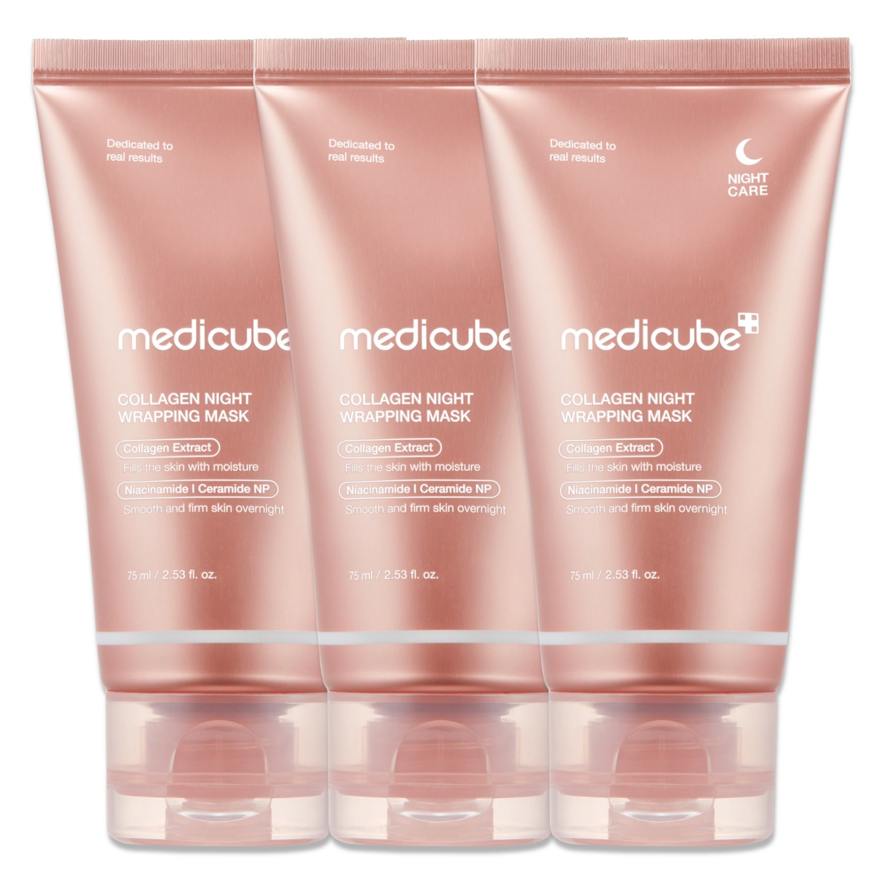 Drei Tuben der Medicube Collagen Night Wrapping Mask in Rosa.