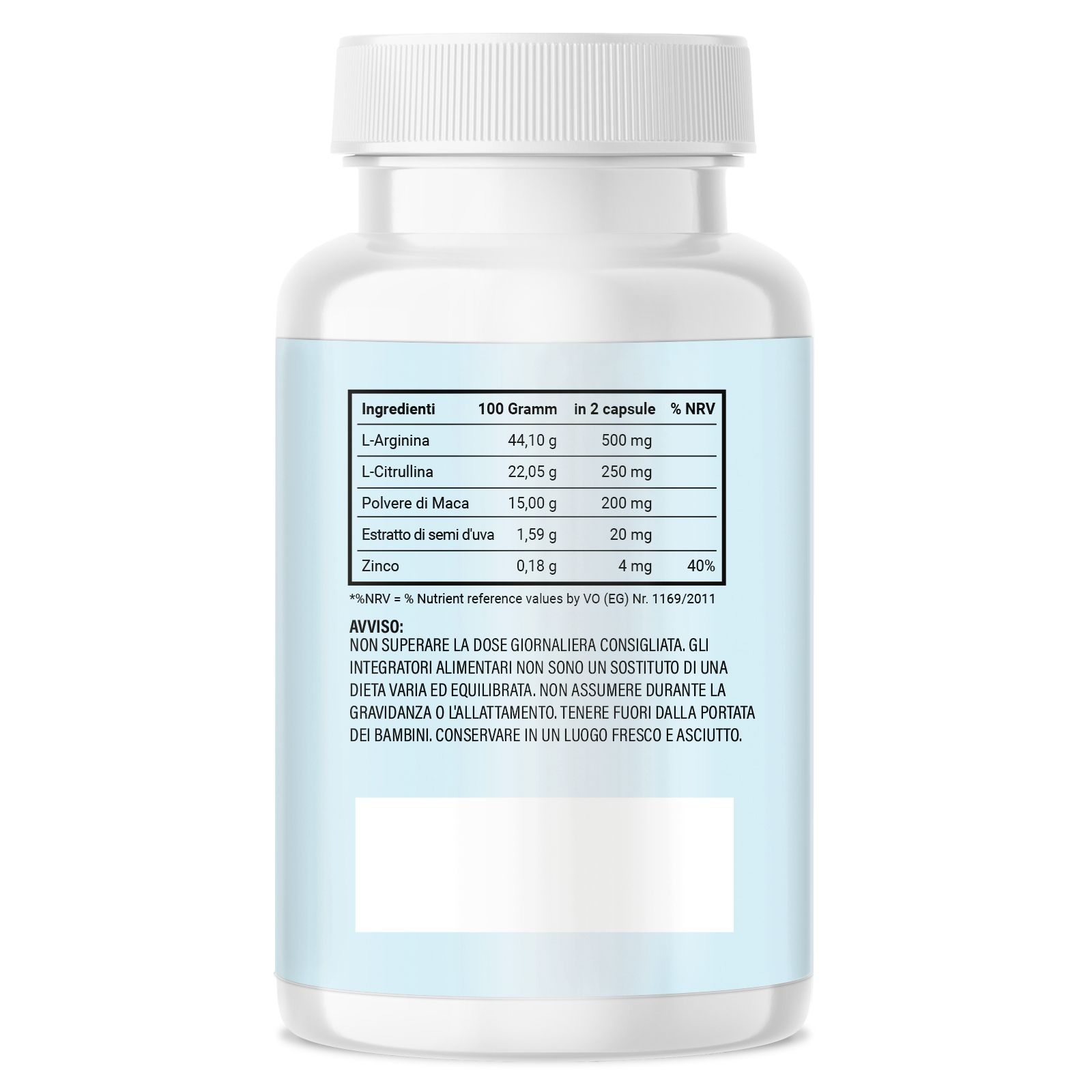 Retro di un flacone di pillole bianco. Etichetta blu con tabella nutrizionale e avvertenze.