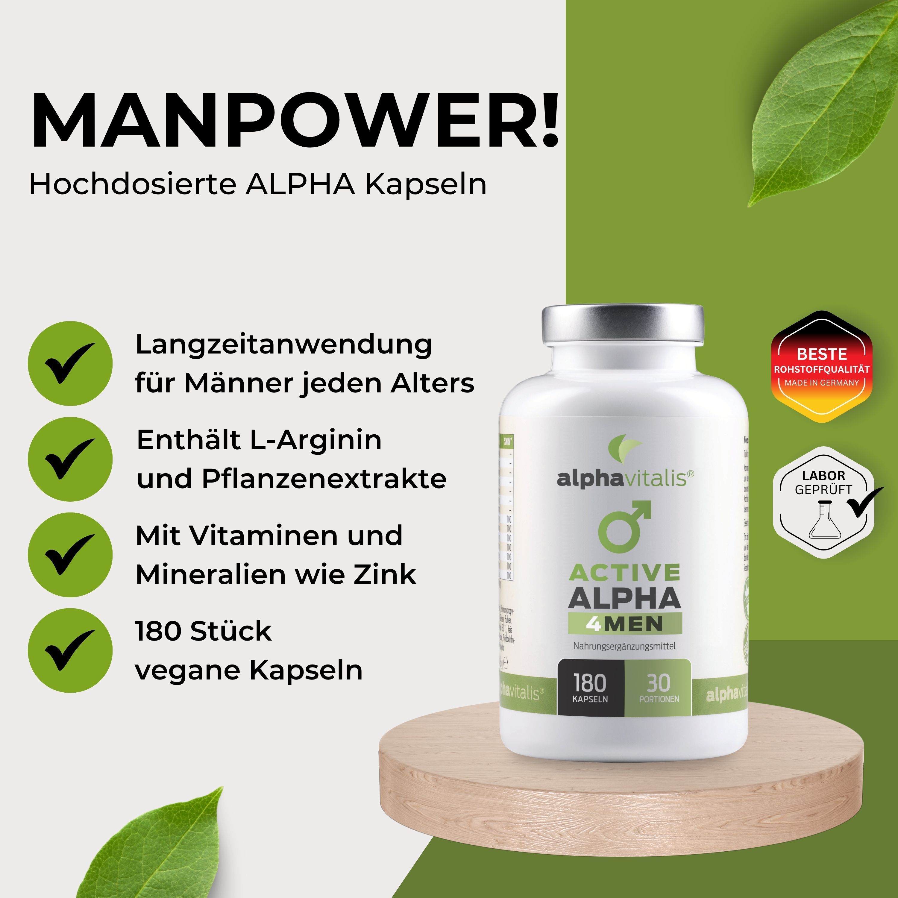 Alphavitalis Active ALPHA 4 Men Kapseln: 180 vegane Kapseln in weißem Behälter mit silbernem Deckel. Mit Siegeln für beste Qualität und Laborprüfung.