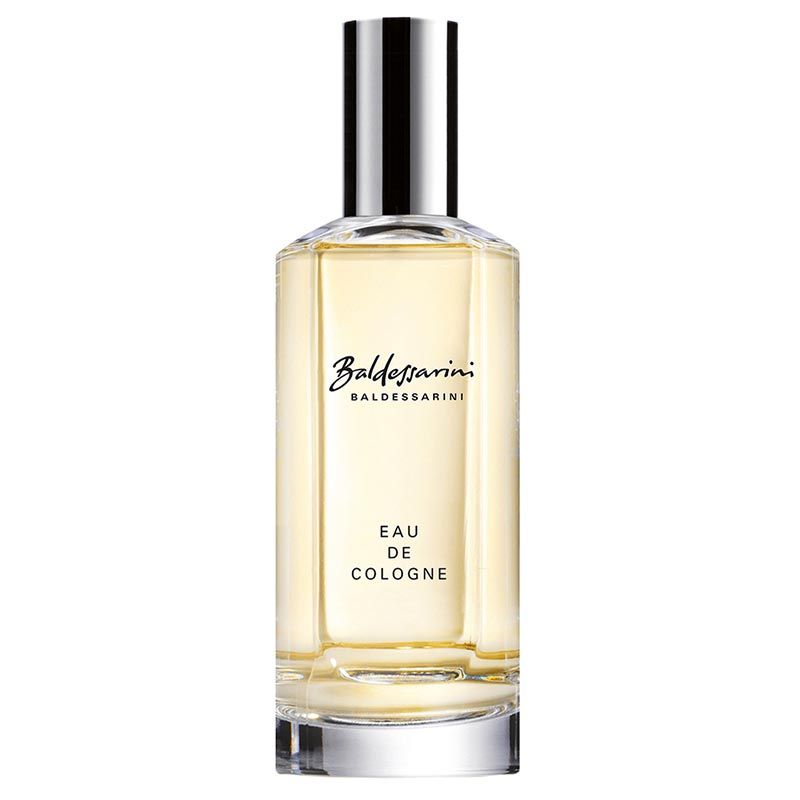 Baldessarini Classic Eau de Cologne. Rechteckige Glasflasche mit silbernem Verschluss. Schwarzer Schriftzug.