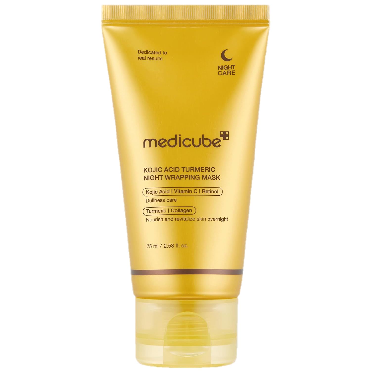 Gelbe Tube mit Produktnamen und Inhaltsstoffen. Aufschrift: Kojic Acid Turmeric Night Wrapping Mask. Nachtpflege.