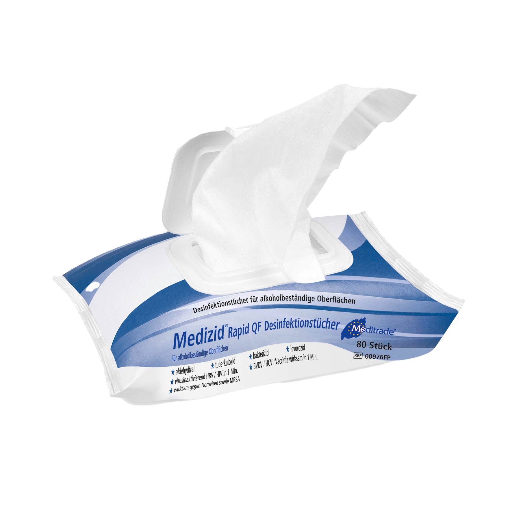 Packung Medizid Rapid QF Desinfektionstücher. Blaue und weiße Verpackung, offene Entnahmeöffnung. Text: Meditrade, 80 Stück.
