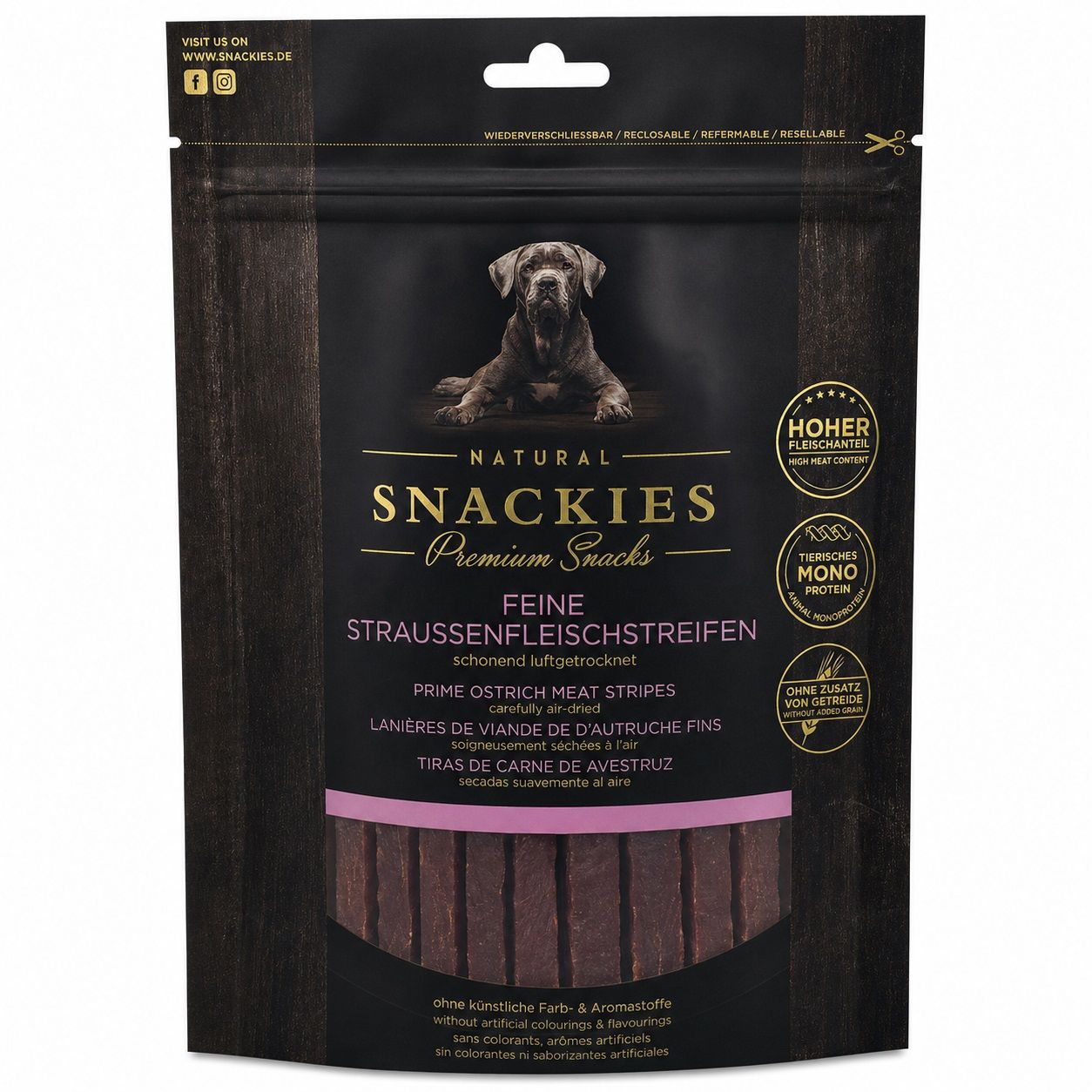 Snackies Feine Straussenfleischstreifen - Single-Protein Snack für Hunde 150 g Futter