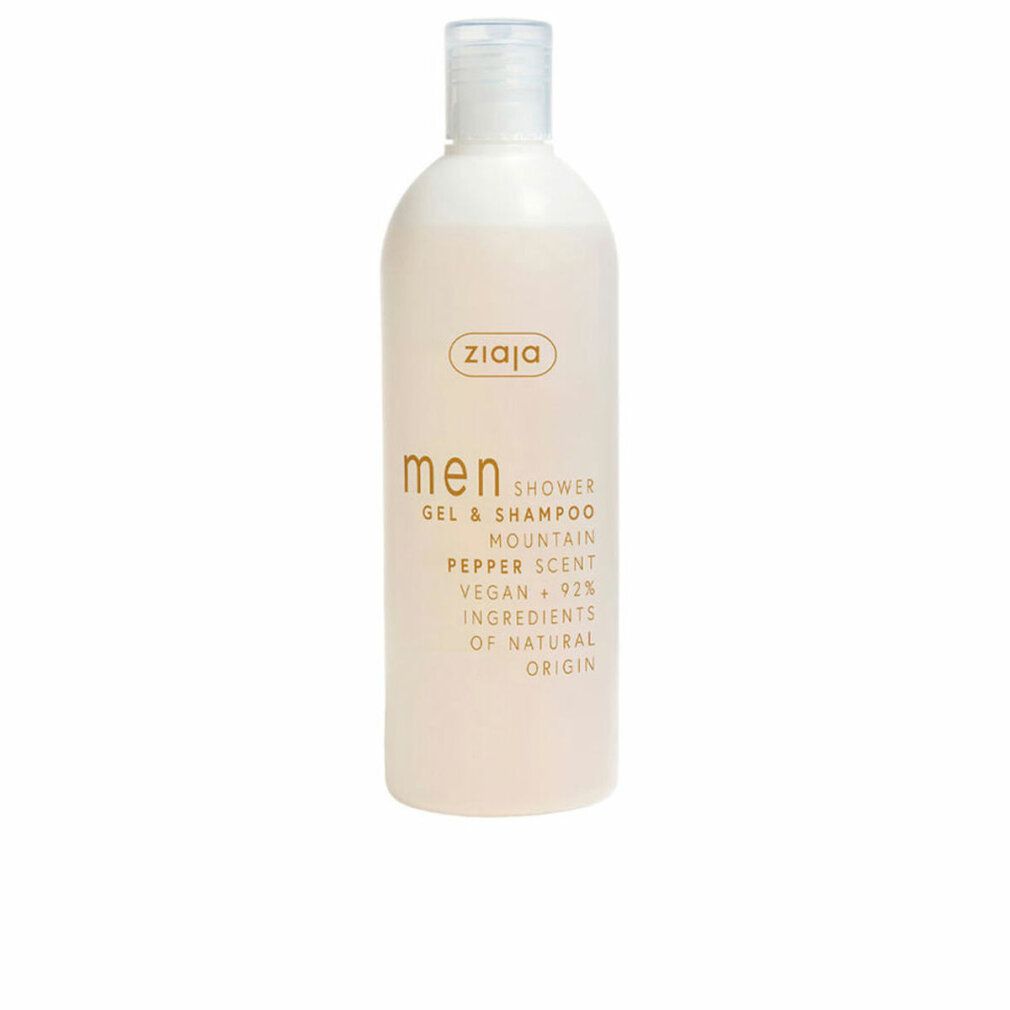Beige Flasche mit weißem Deckel. Aufschrift: Ziaja Men Gel & Shampoo Mountain Pepper. Vegan, 92% Inhaltsstoffe natürlichen Ursprungs.