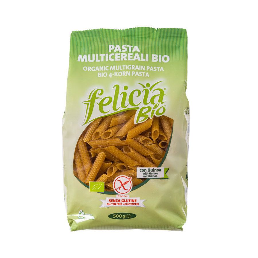 Verpackung Felicia Bio Penne. Aufschrift: Pasta multicereali bio, glutenfrei. Enthält Quinoa. 500g.