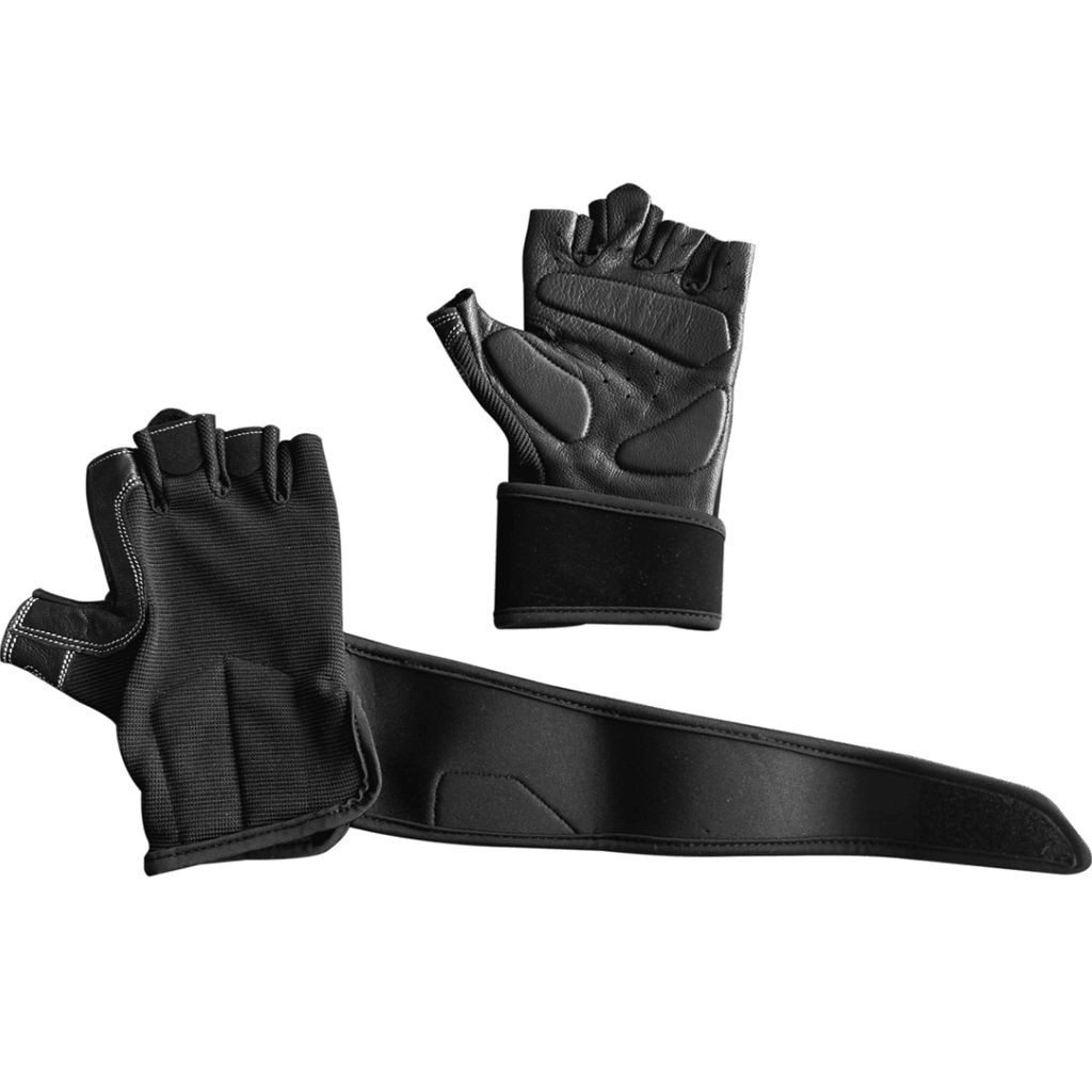 Schwarze Trainingshandschuhe mit Handgelenkstütze. Fingerfrei, mit Polsterung und Klettverschluss. Ein Handschuh liegt neben der Handgelenkstütze.