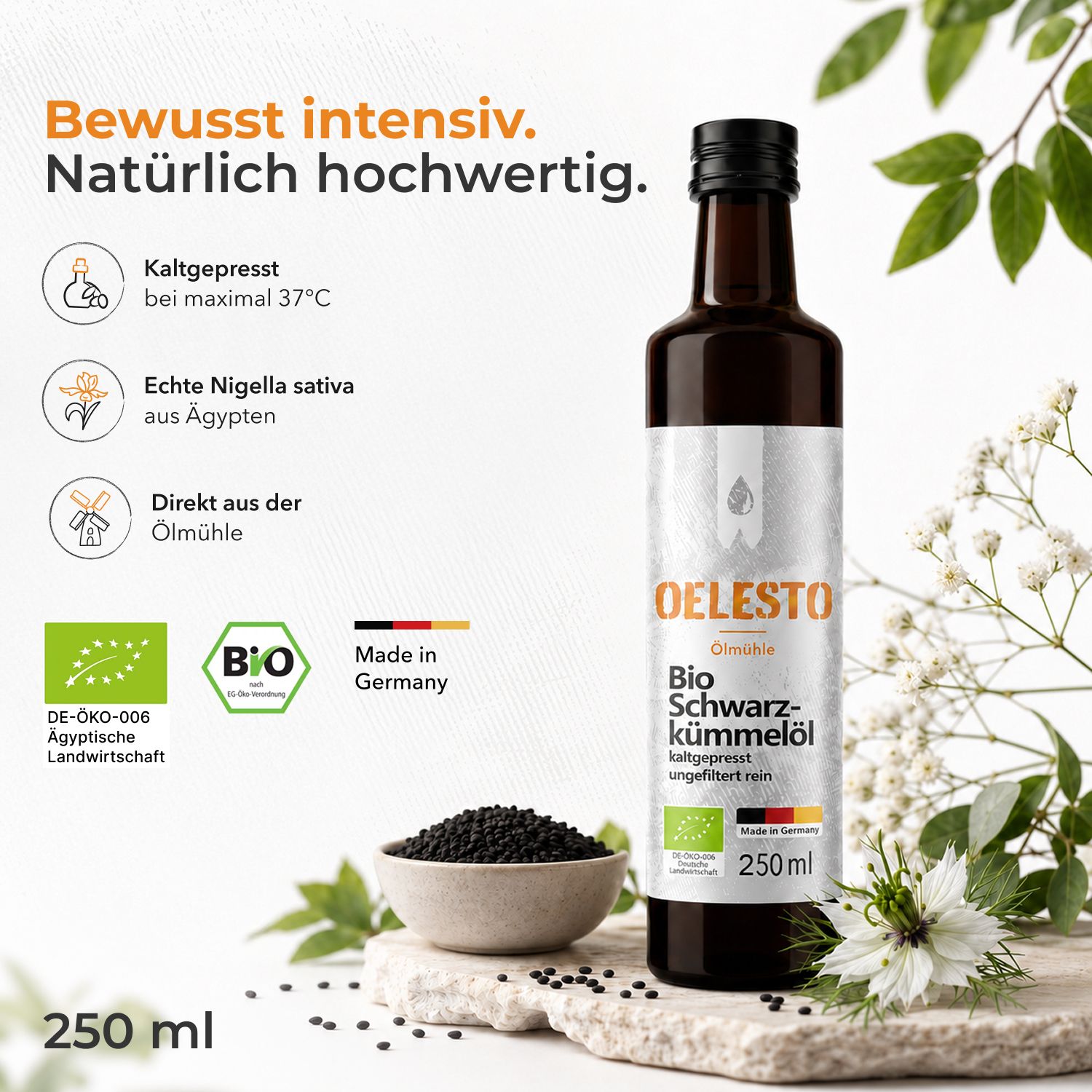 OELESTO Bio-Schwarzkümmelöl ungefiltert kaltgepresst aus ägyptischer Nigella Sativa