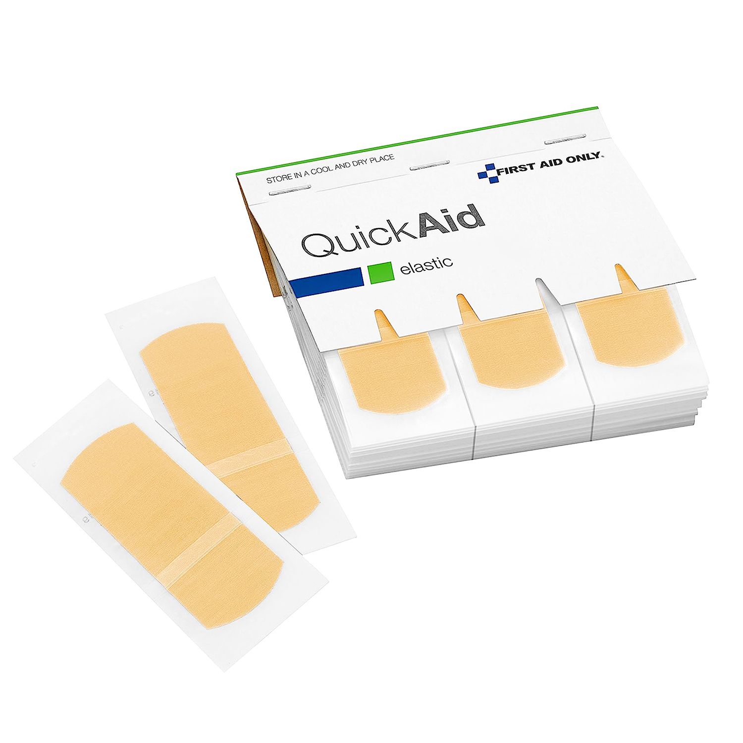 QuickAid Nachfüllpack mit elastischen Pflastern. Weiße Verpackung, beige Pflaster. Marke: First Aid Only. Einzelne Pflaster sichtbar.
