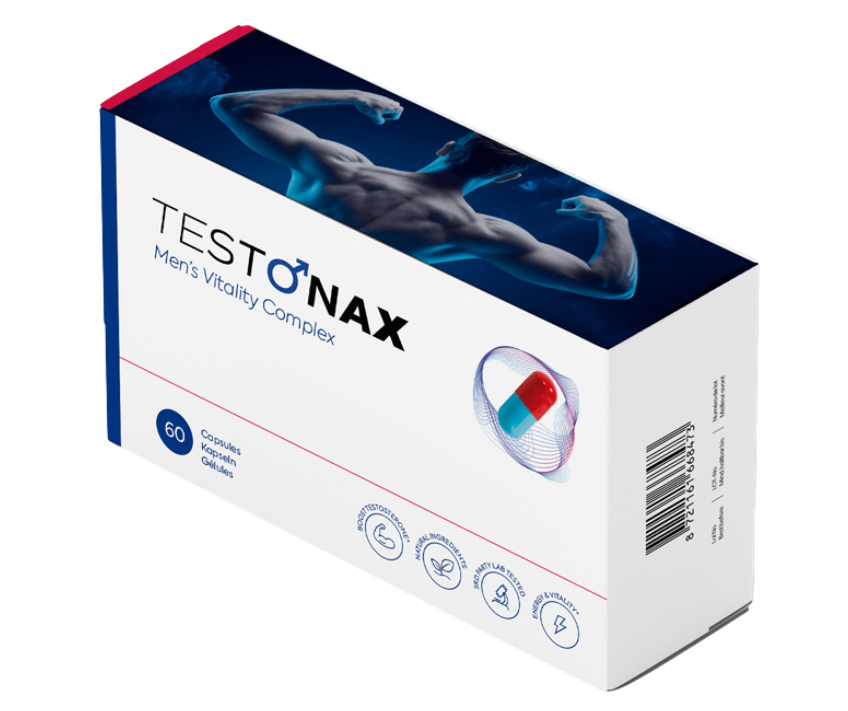 Weißer Karton mit "TESTONAX"-Logo und Abbildung eines Mannes. Enthält 60 Kapseln. Barcode und Logos unten.