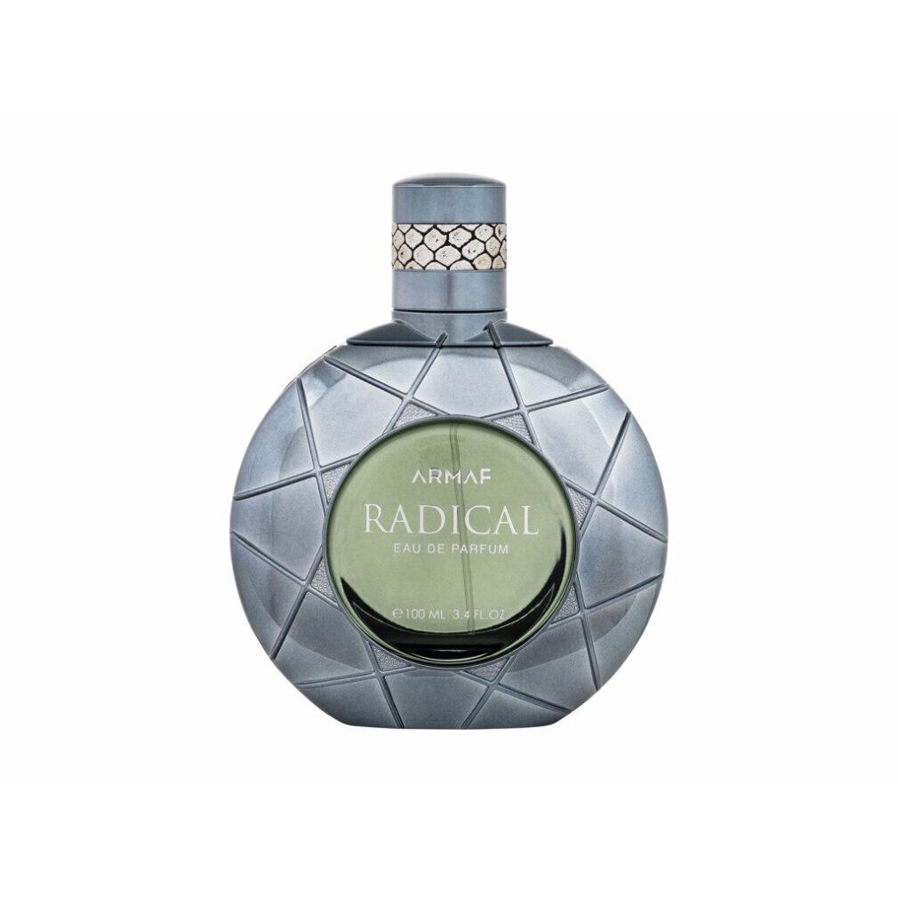 Runder Flakon mit geometrischem Design. Aufschrift: ARMAF RADICAL Eau de Parfum. Silberne Kappe.