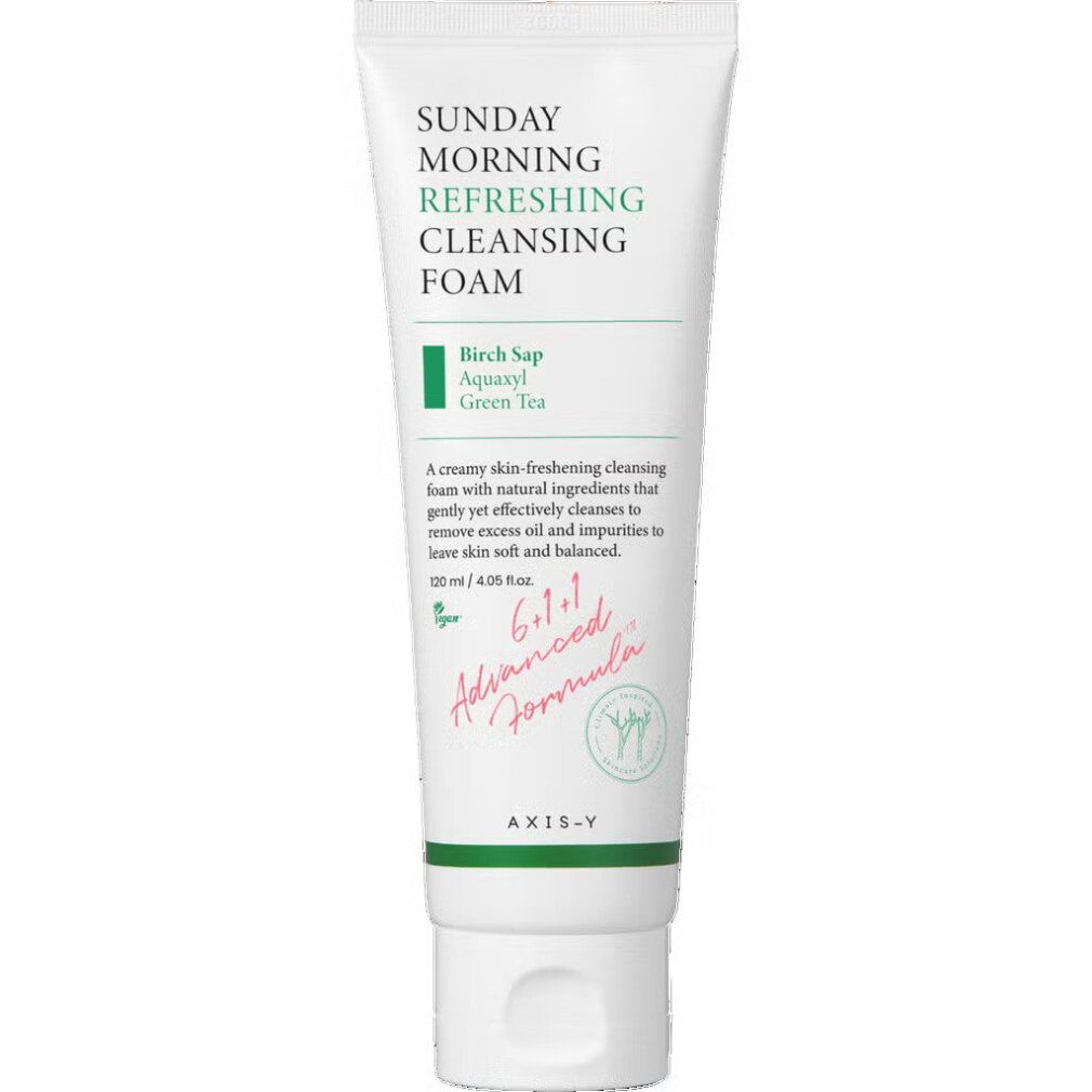 Weiße Tube mit erfrischendem Reinigungsschaum, "Sunday Morning" und "Refreshing Cleansing Foam" aufgedruckt.