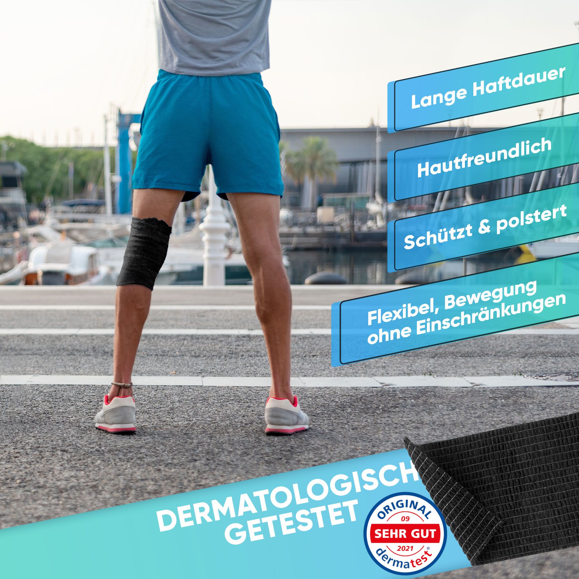 Mann mit schwarzer Haftbandage am Knie, dermatologisch getestet, hautfreundlich.