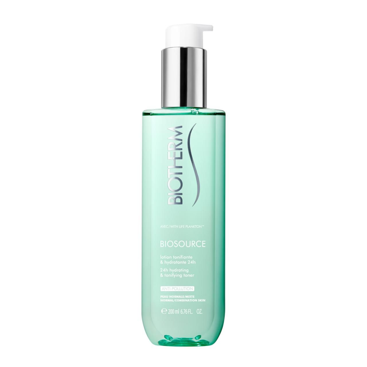 Grüne Flasche mit silbernem Pumpkopf. Aufschrift: BIOTHERM BIOSOURCE Lotion tonifiante & hydratante. 200 ml.