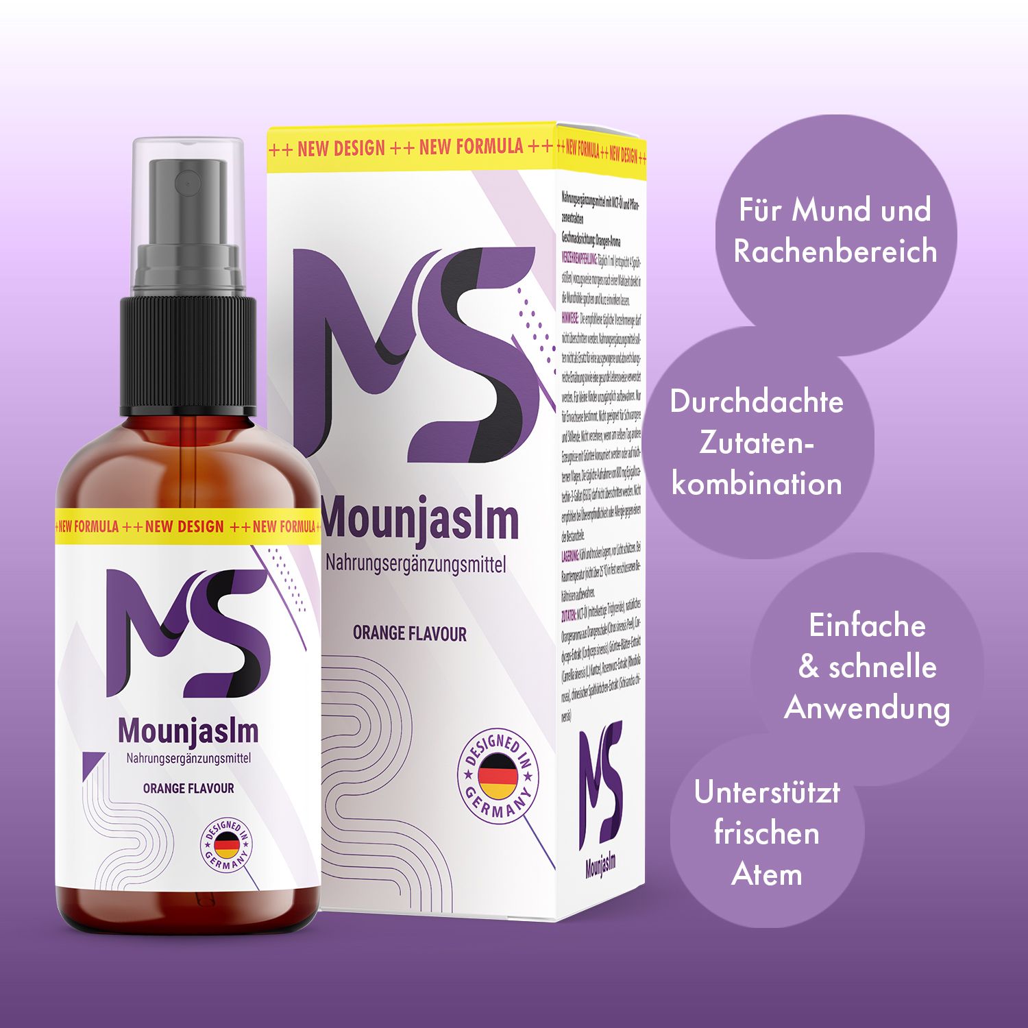 Braune Sprühflasche und Verpackung. Aufschrift MS, Mounjaslm, Orange Flavour. Text in deutscher Sprache. Mit Aufdruck "Designed in Germany".