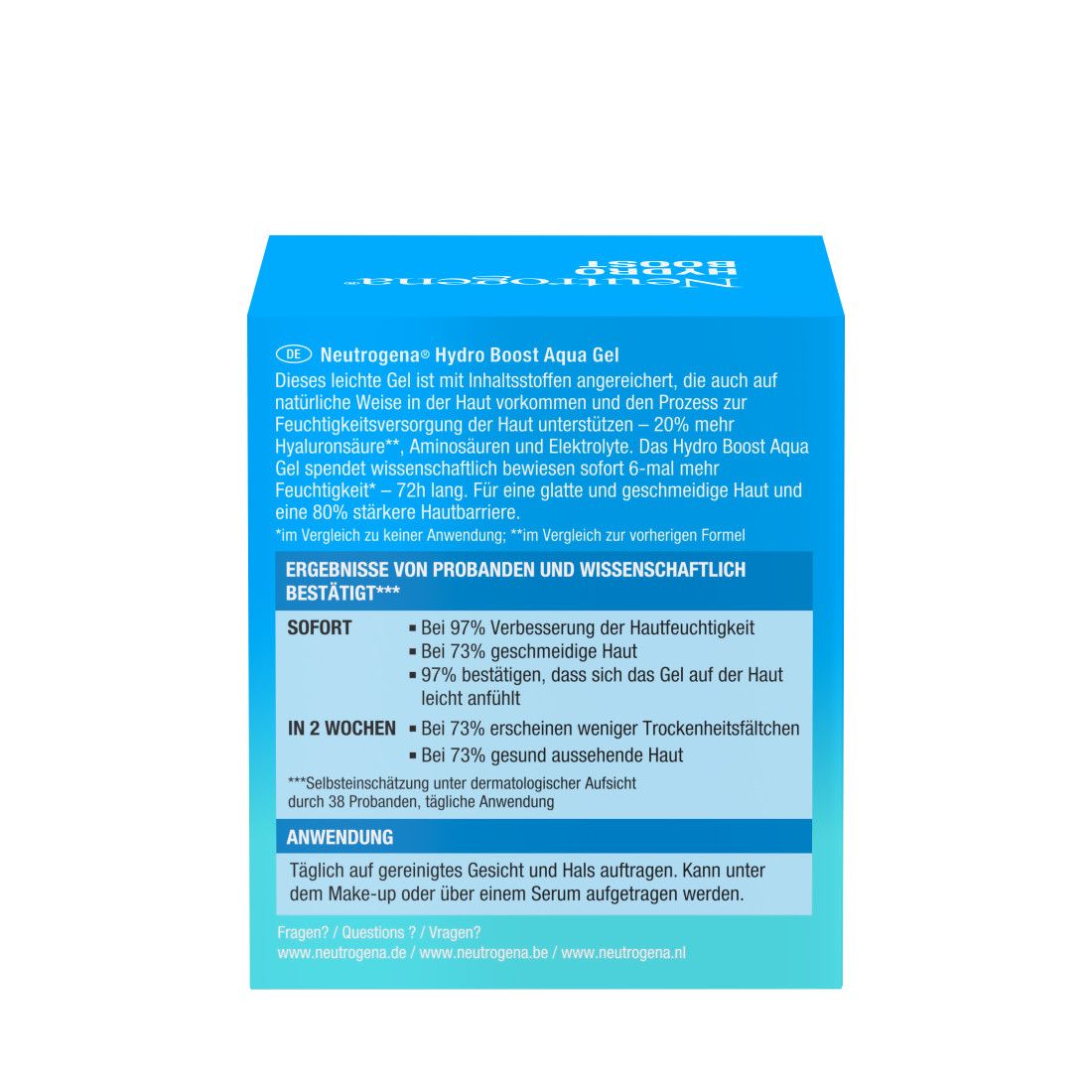 Rückseite der Neutrogena Hydro Boost Aqua Gel Verpackung. Text in Deutsch, Informationen zum Produkt und Anwendung.