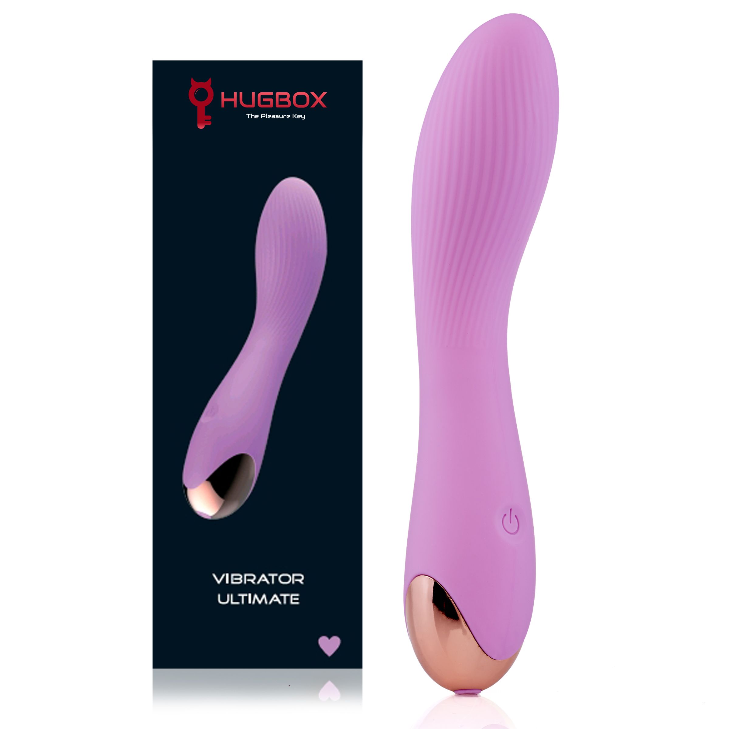 Lila Vibrator mit Verpackung. Verpackung mit Produktabbildung und Schriftzug: VIBRATOR ULTIMATE. Aufschrift: HUGBOX.