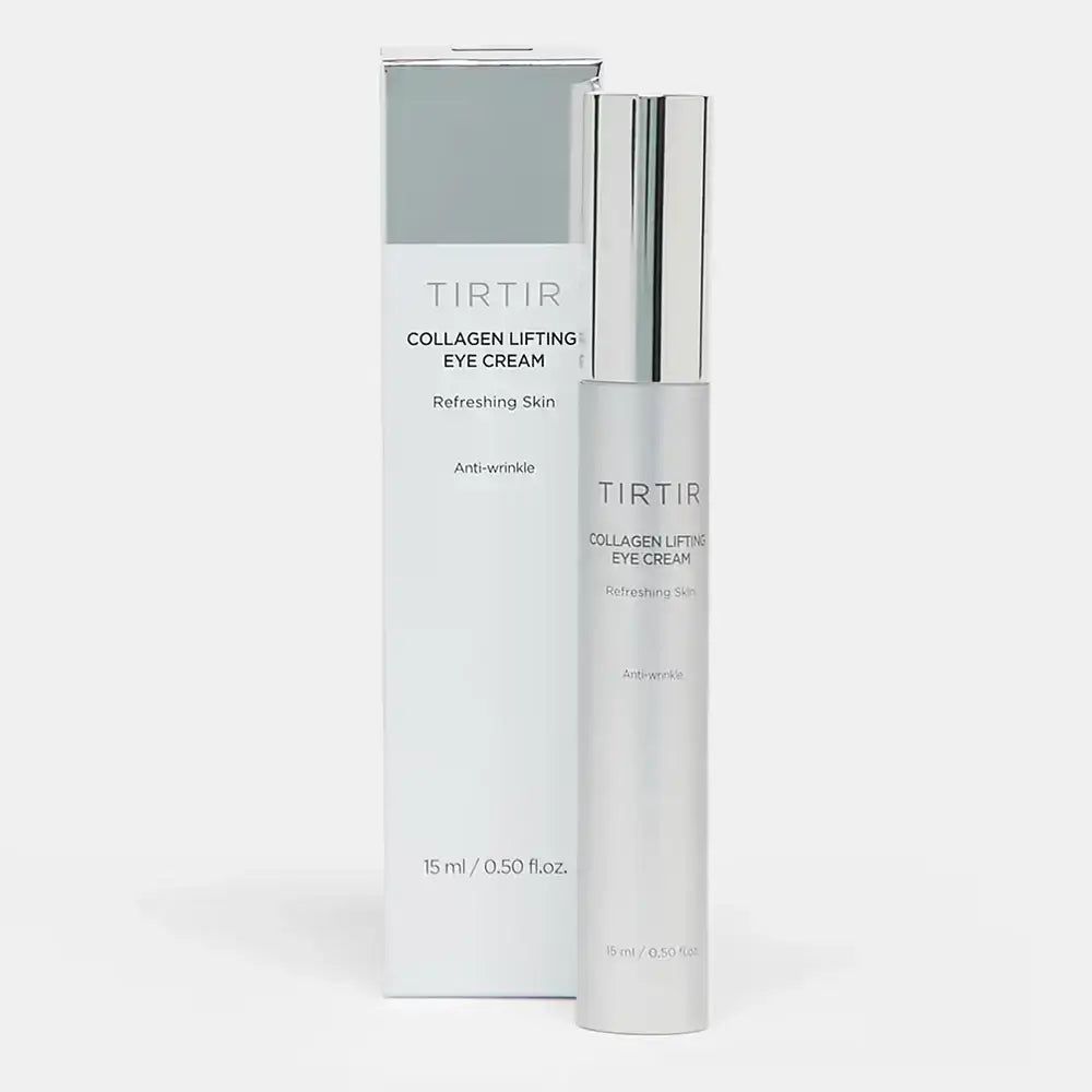 Produkt und Verpackung. Silberne Tube und Schachtel. Text: TIR TIR COLLAGEN LIFTING EYE CREAM. 15 ml / 0.50 fl.oz.