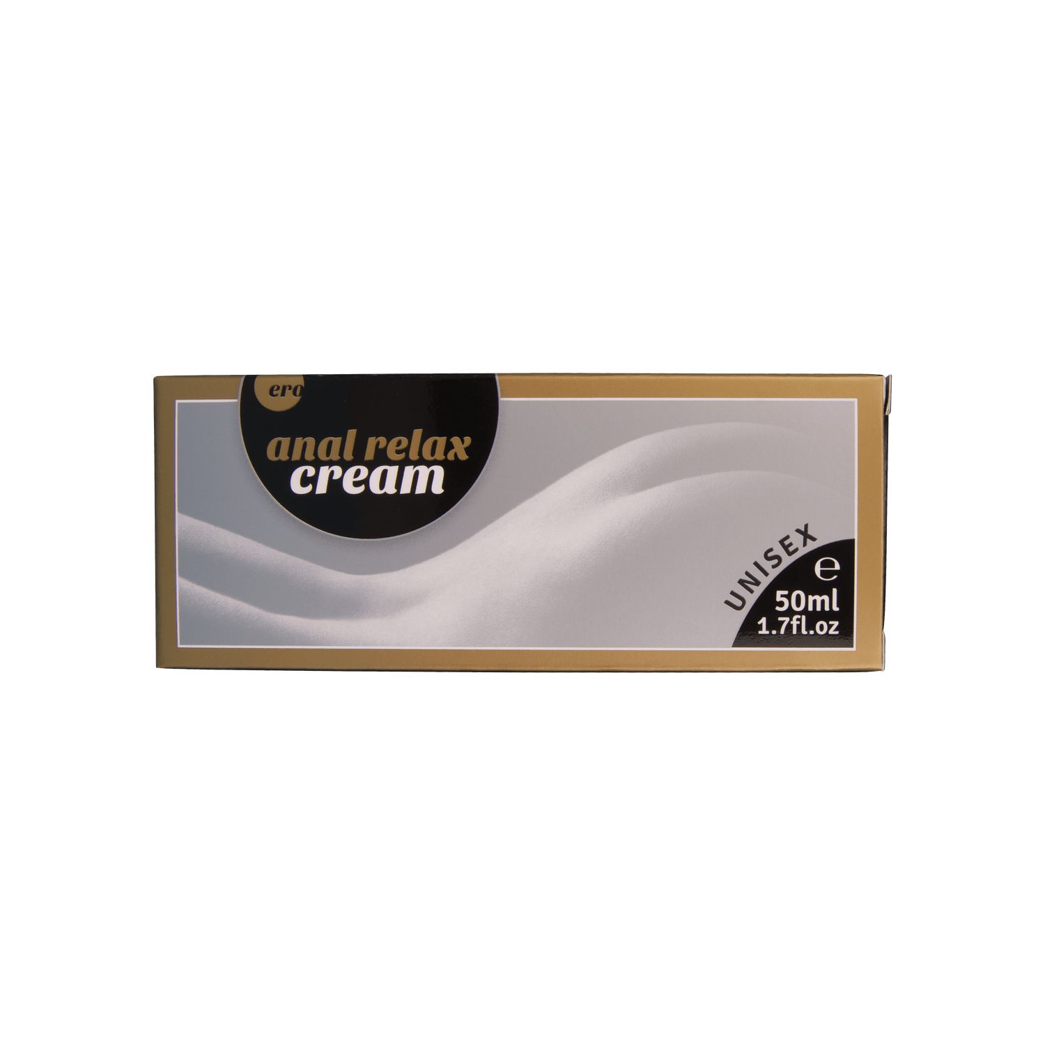 Produktverpackung, goldfarben und weiß. Aufschrift 'anal relax cream'. 'UNISEX' und Volumenangabe.