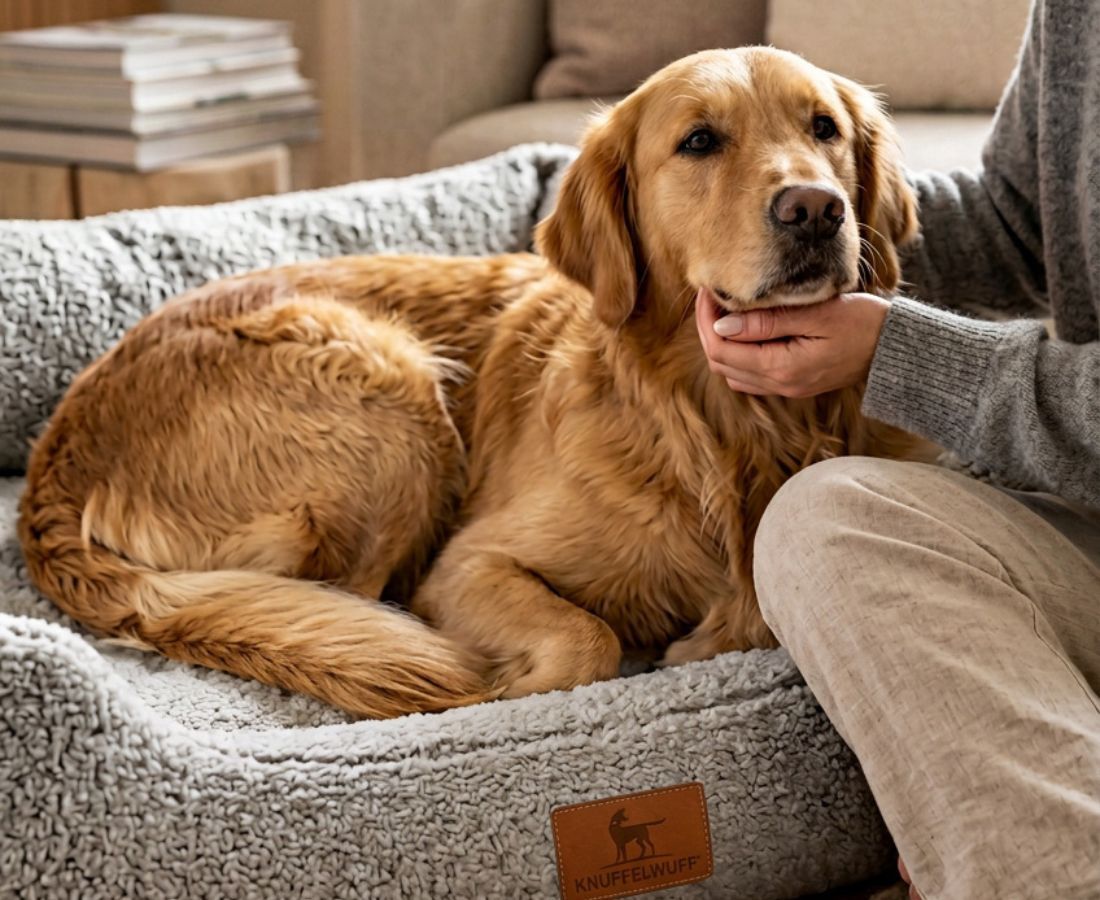 Golden Retriever liegt auf einem grauen Hundebett, während eine Hand sein Kinn streichelt.