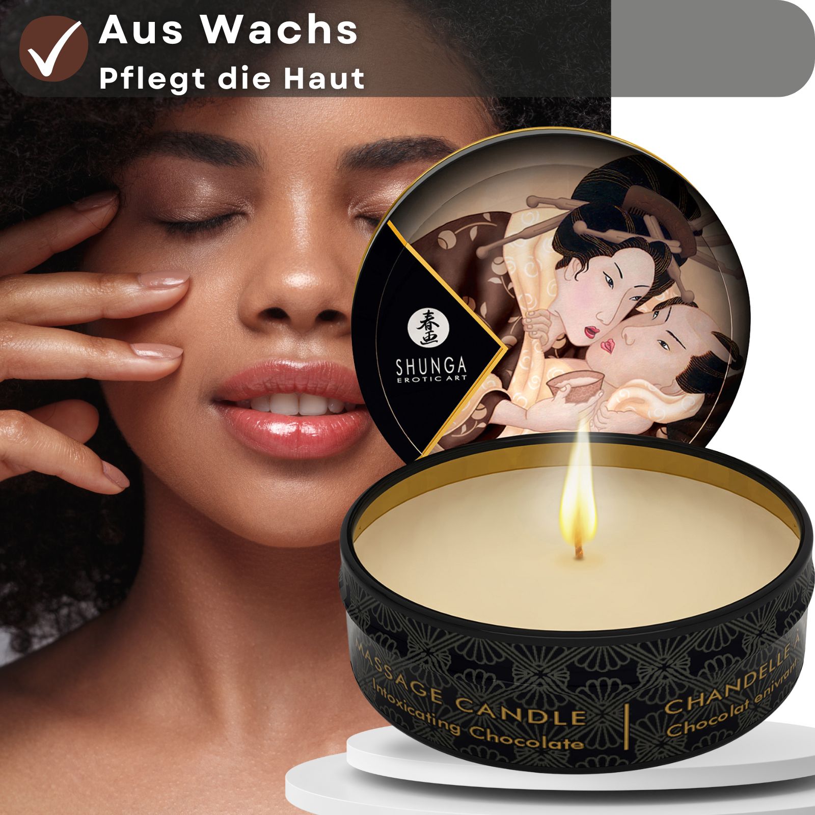 Kerze in Dose, daneben Frau. Text: Aus Wachs, Pflegt die Haut.