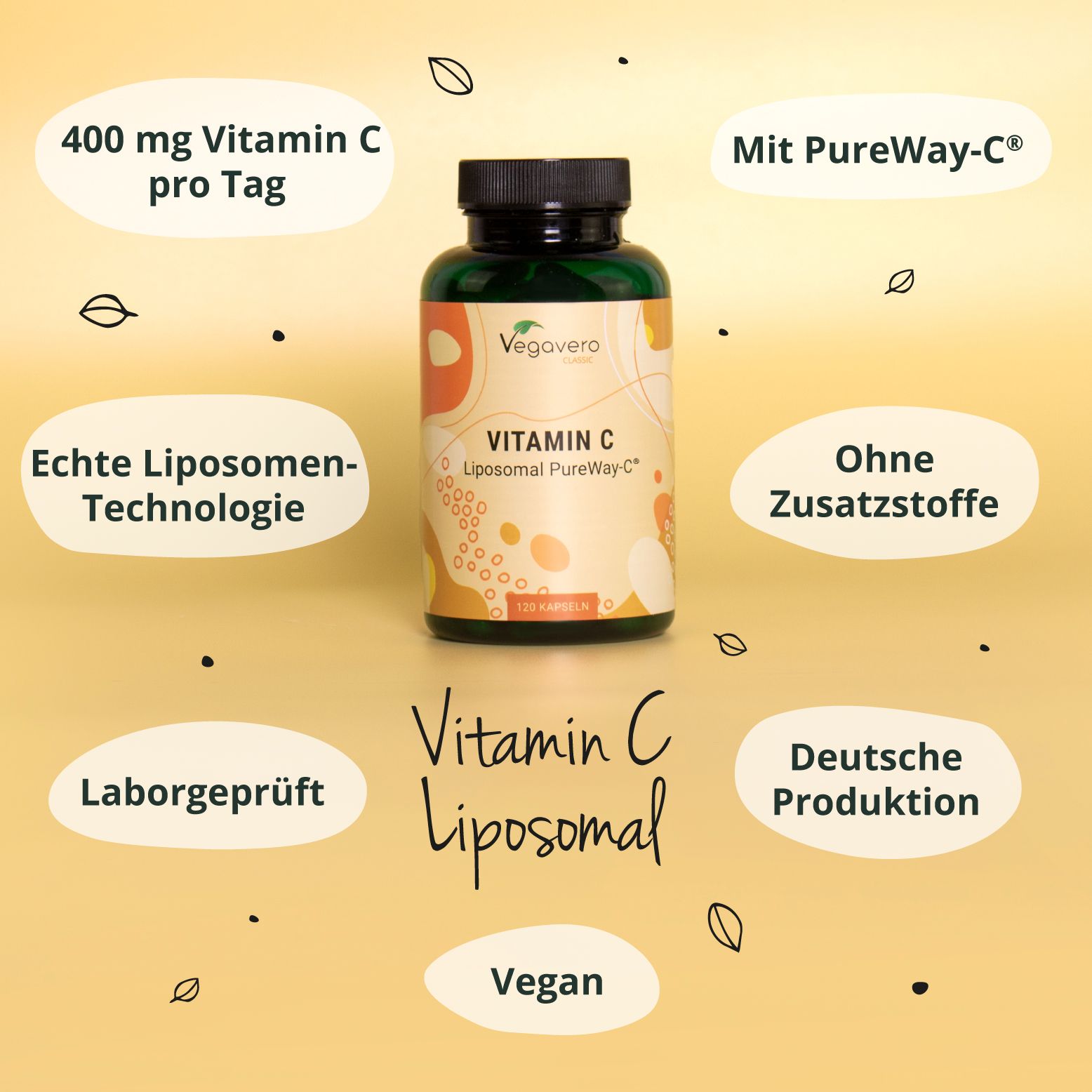 Grüne Flasche mit Vitamin C Liposomal. Texte: 400 mg Vitamin C pro Tag, Mit PureWay-C, Ohne Zusatzstoffe, Vegan.
